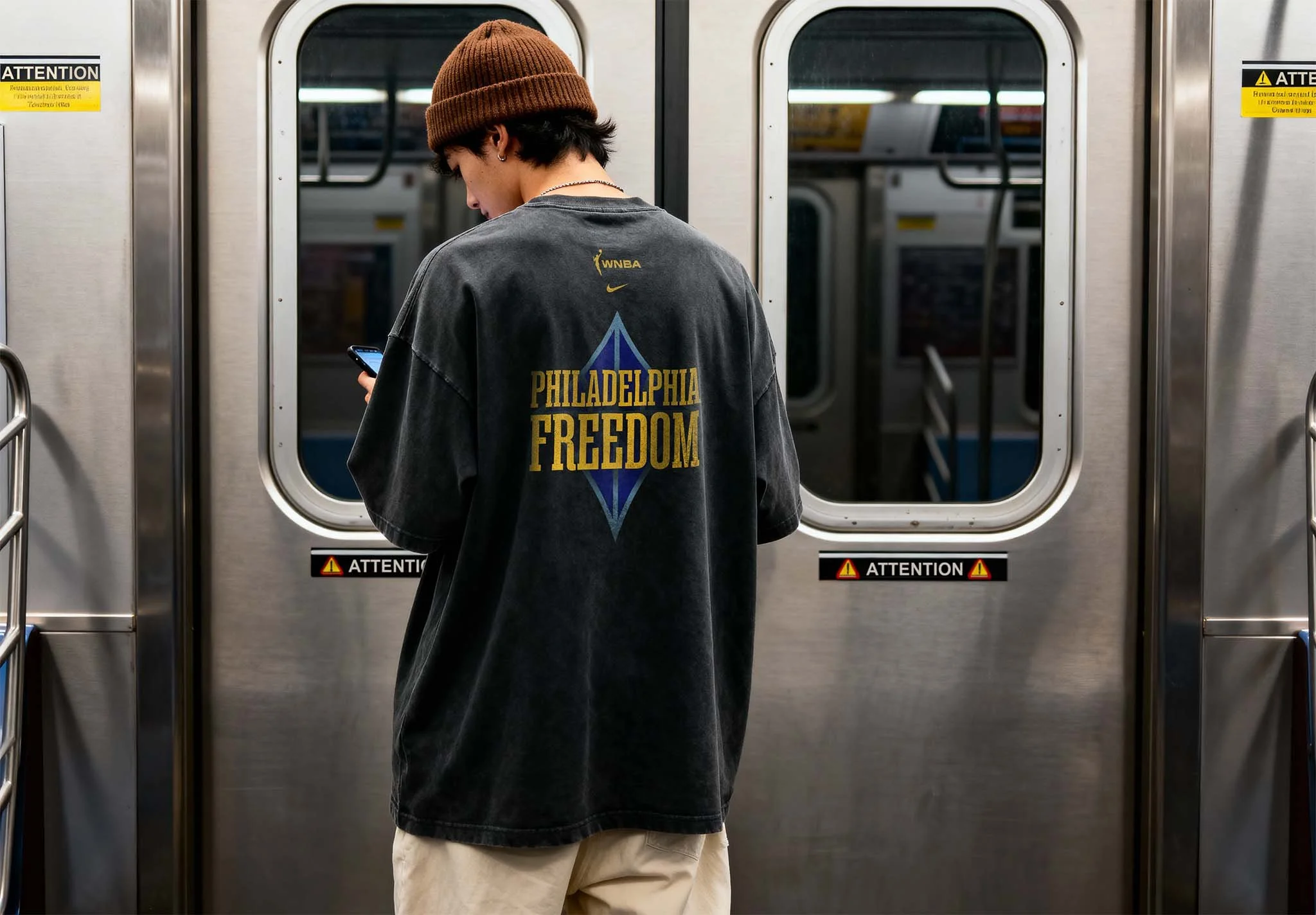 Back view of a man standing inside a subway car near the closed doors, wearing a distressed gray T-shirt with a blue kite logo and yellow custom “FREEDOM” lettering on the back, with the train interior visible around him.