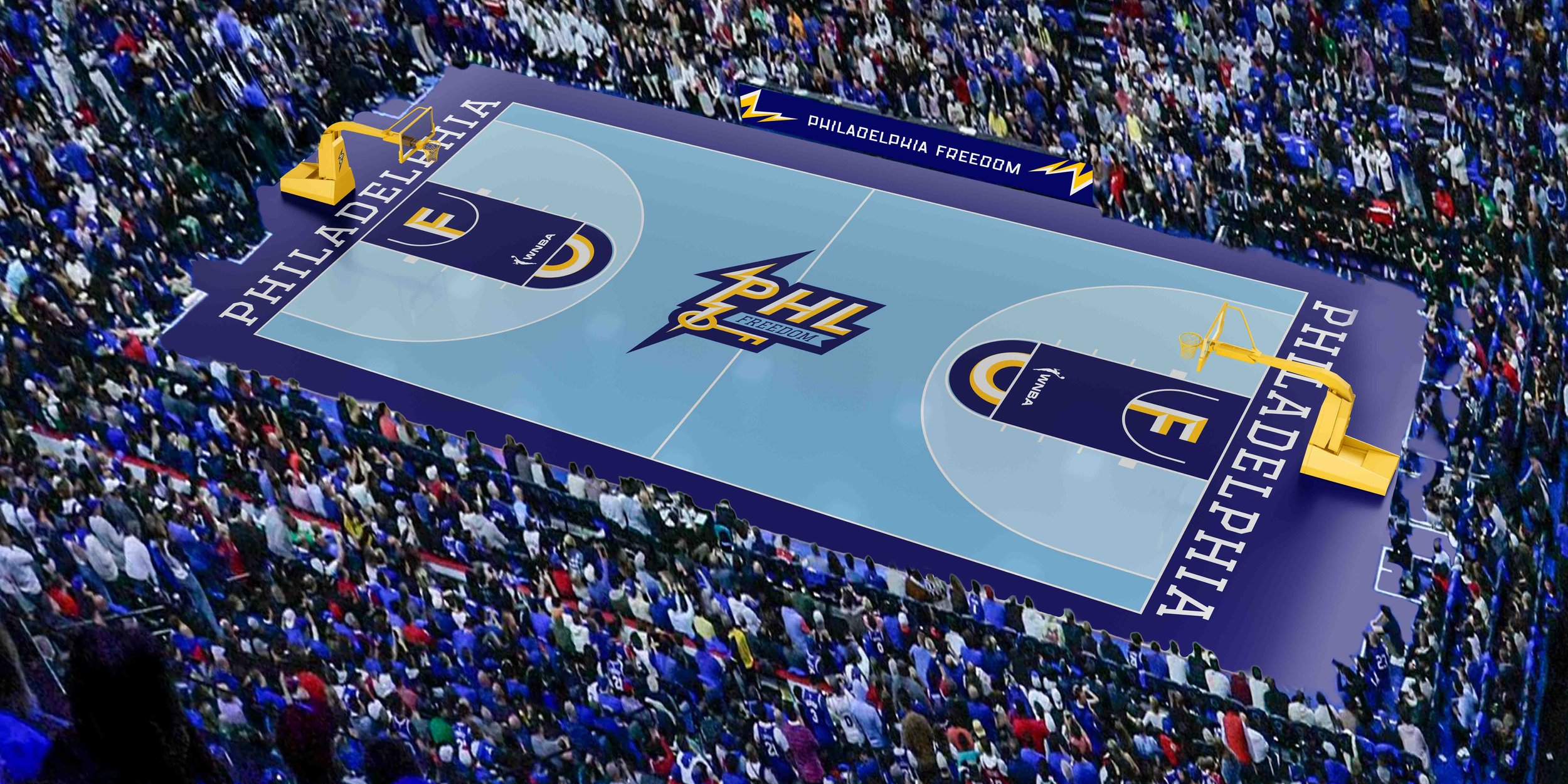 Overhead view of a packed basketball arena featuring a light blue Philadelphia Freedom court with the PHL Freedom logo at center court, branded sidelines, and WNBA markings.