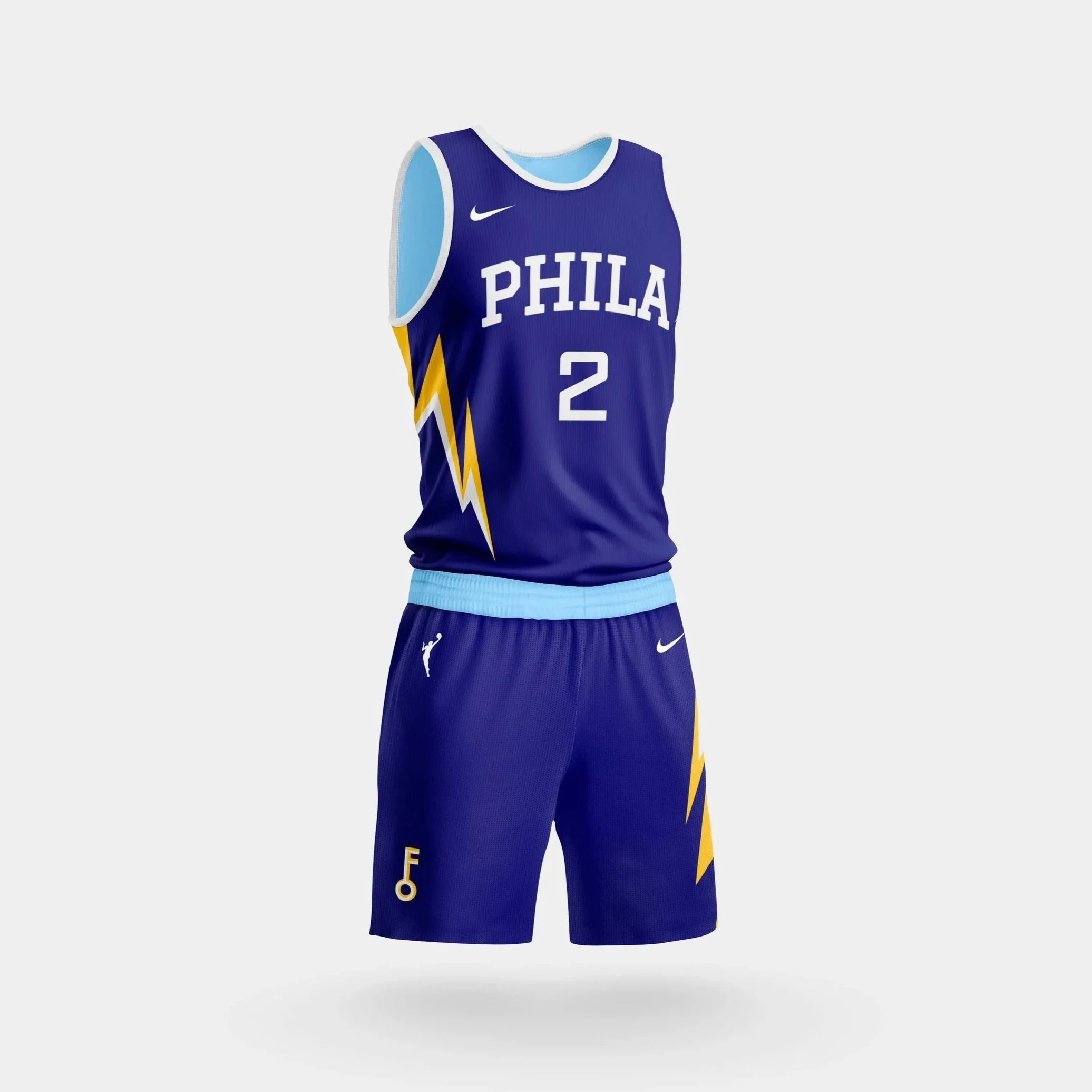 A sleeveless basketball jersey on a plain background, colored mainly light blue with navy and yellow accents, showing bold “PHILA” lettering and a stylized lightning design on the front.