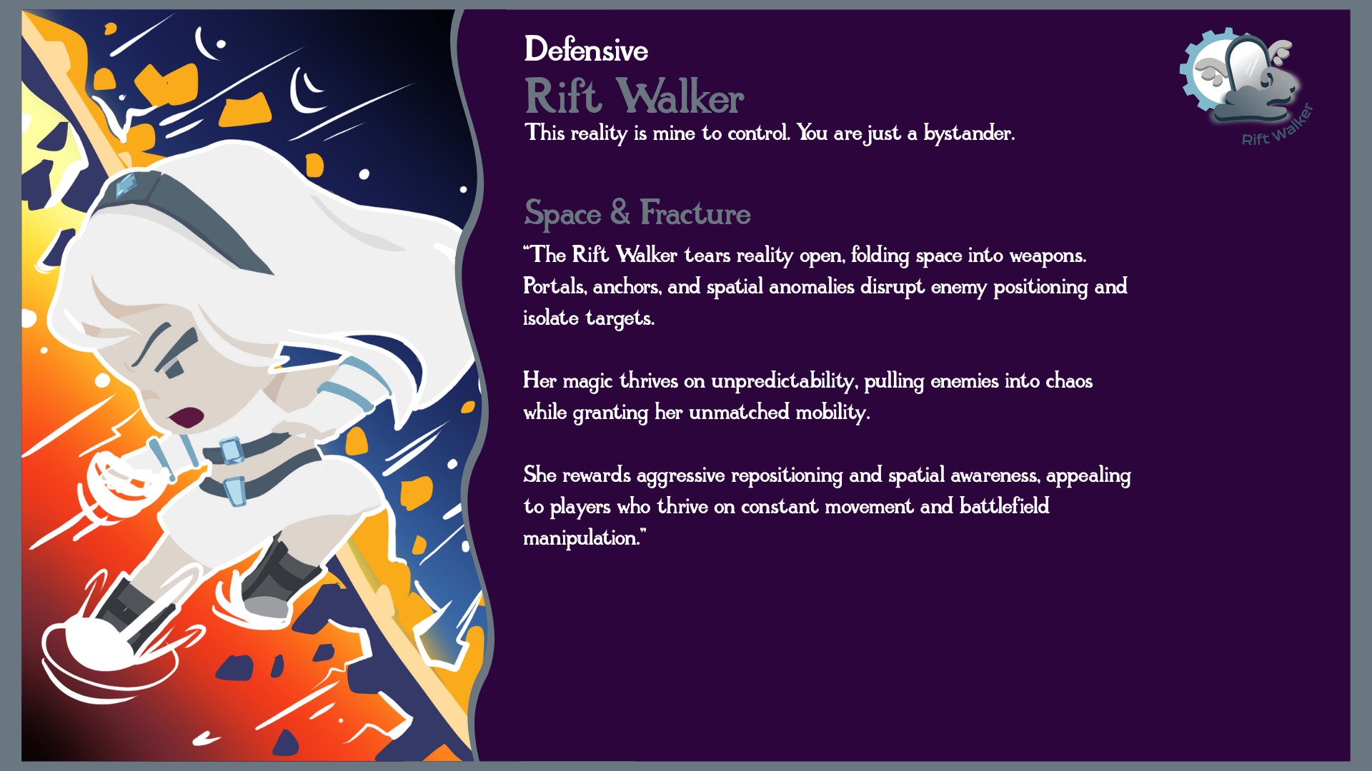 An illustration of a character called Rift Walker, a space-themed figure in a futuristic suit, with a helmet and glowing elements, amidst an abstract, colorful background with debris and streaks of light.