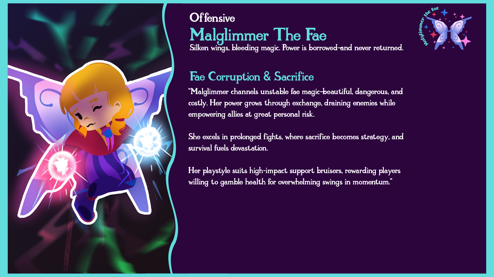 Digital illustration of Malgimmer the Fae, a fairy with blonde hair and purple wings, casting magical lightning bolts from her hands against a dark, mystical background with swirling green and purple lights. Accompanying text describes her as an offensive, blood magic fairy who excels in prolonged fights and supports high-impact support bruisers.