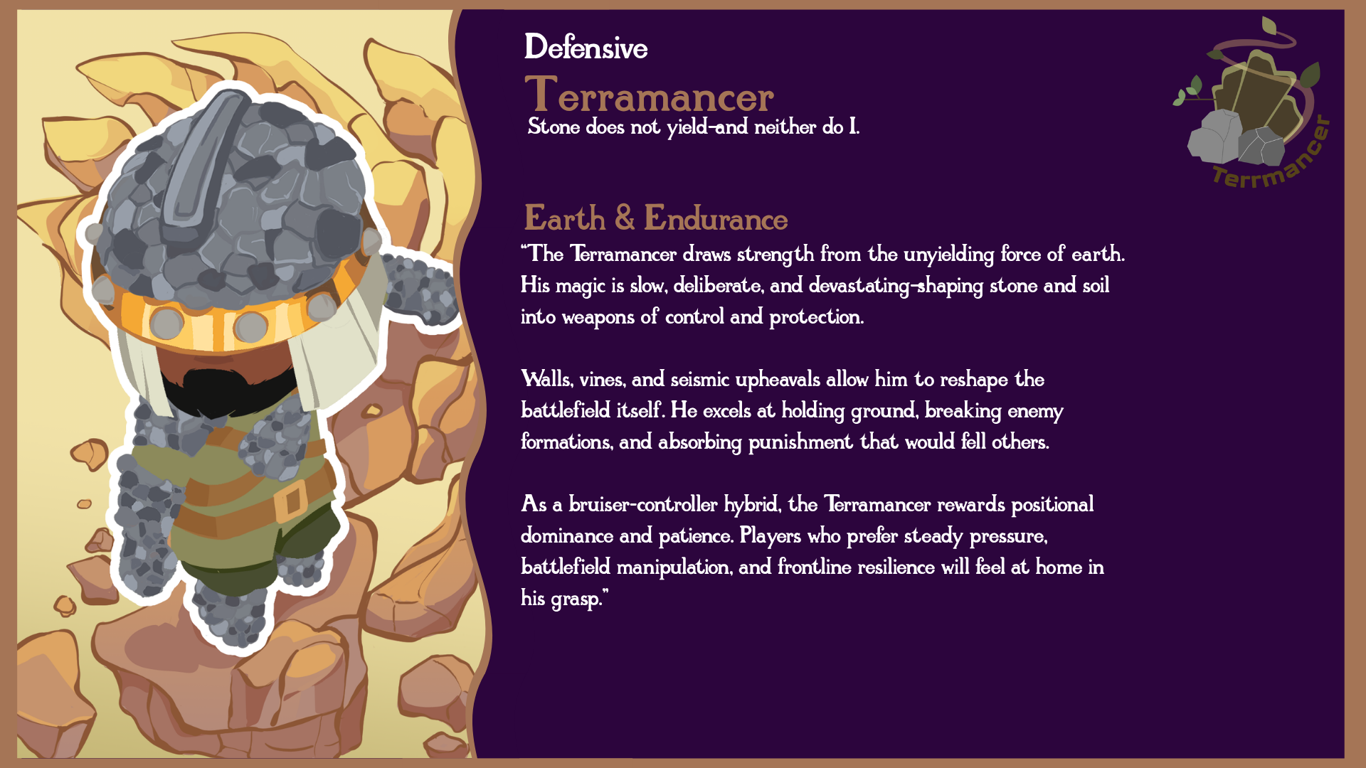 Illustration of a character wearing stone armor resembling a Terramancer, surrounded by rocks and desert rocks in the background, with a dark purple background containing text explaining the character's abilities.