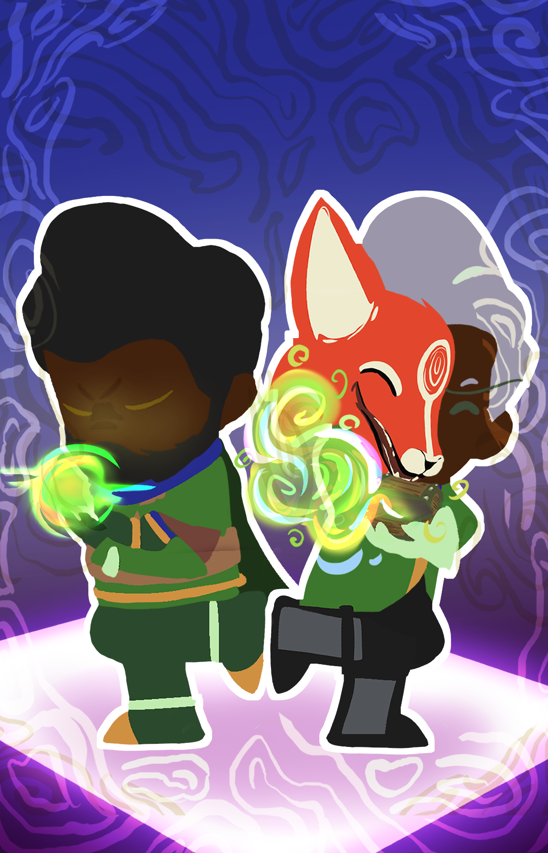 Illustration of two characters with glowing magic, one with dark skin and black hair, others with fox and raccoon masks, using magic wands in a mystical purple background.