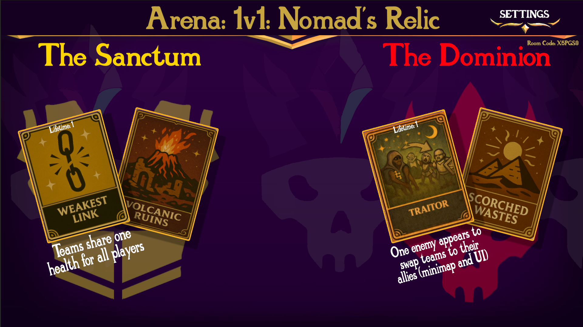 Screenshot of a game menu titled "Arena: 1v1: Nomad's Relic" with two sections, "The Sanctum" on the left and "The Dominion" on the right. Each section displays three illustrated cards with titles and descriptions at the bottom. "The Sanctum" cards are "Weakest Link" and "Volcanic Ruins". "The Dominion" cards are "Traitor" and "Scorched Wastes".