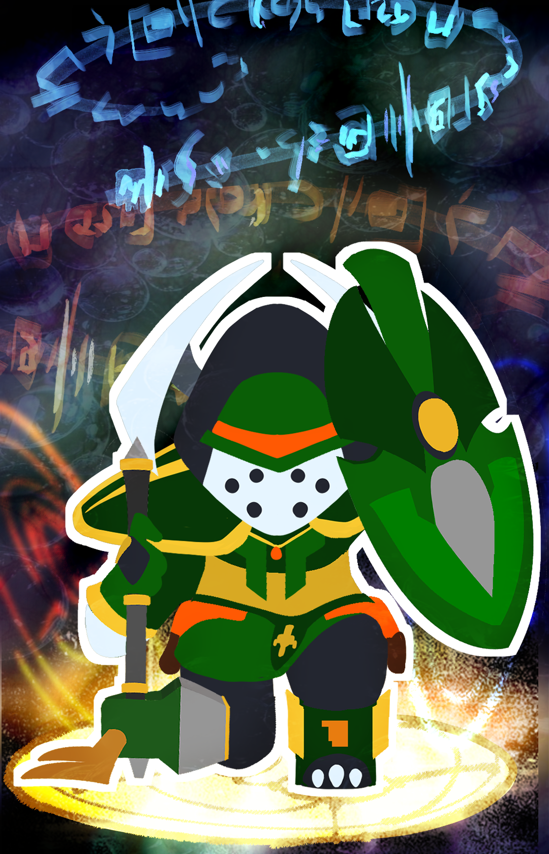 A cartoon depiction of a knight in green armor holding a shield and a sword, kneeling on a glowing golden circle with a dark, colorful, abstract background.