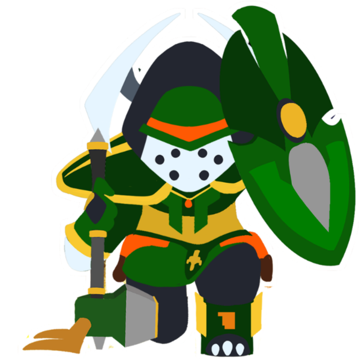 Cartoon character dressed as a green knight with a shield and sword.