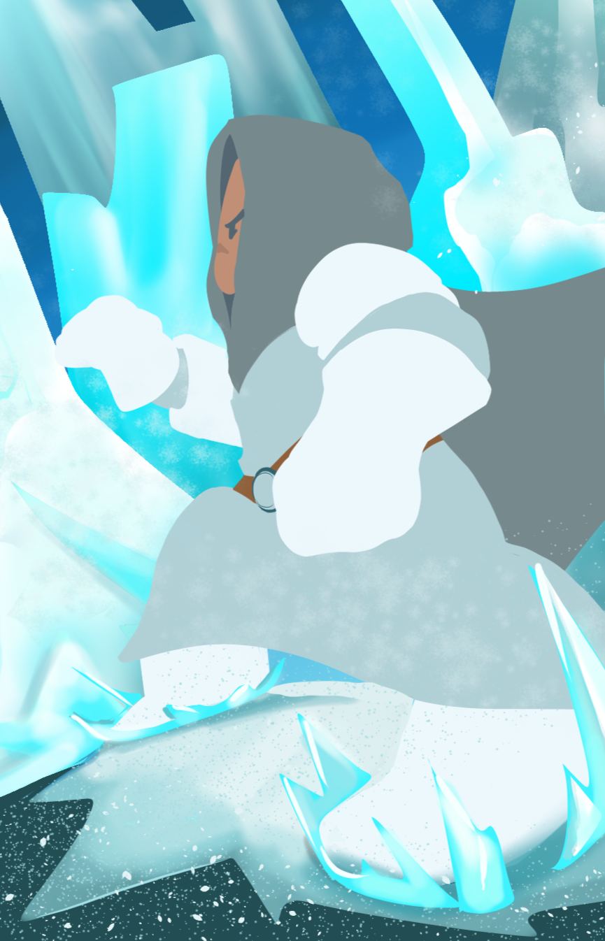 A person in winter clothing, including a hoodie and gloves, standing on ice with icy blue glaciers and ice formations in the background.