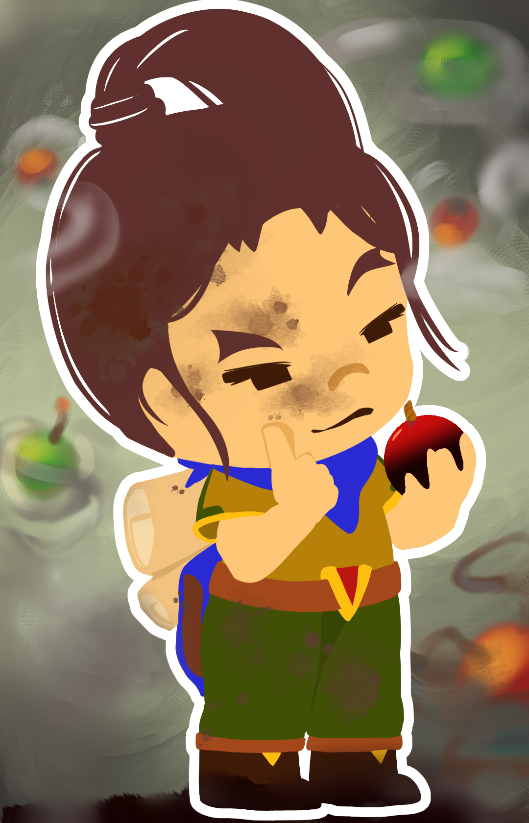 Cartoon character of a boy with messy hair, dirty face, and green shorts, holding an apple with a suspicious expression, standing against a blurred background of apples and a grayish landscape.