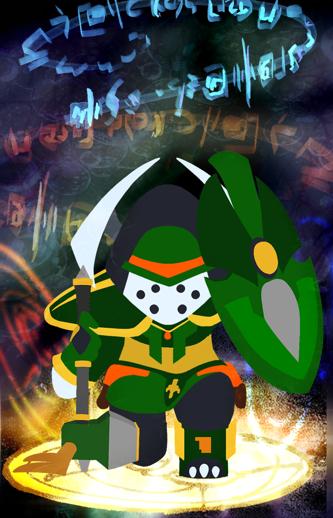 Digital illustration of a chibi character dressed as a fantasy knight in green and black armor, holding a sword and shield, with colorful abstract background.