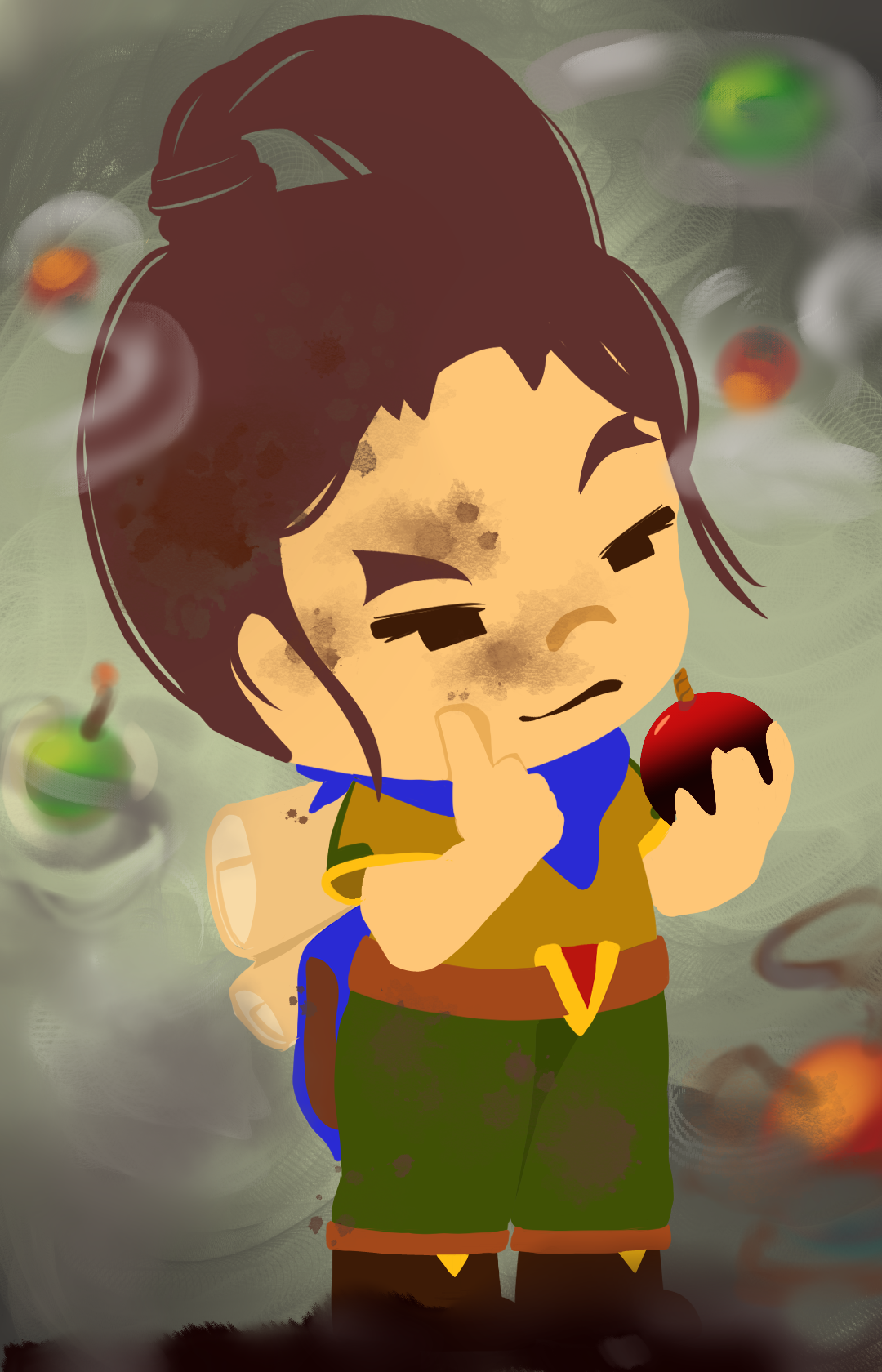 Cartoon of a young boy with messy hair, dirt on his face, and a contemplative expression, holding a red and black apple while standing in a foggy or smoky environment with floating orbs.