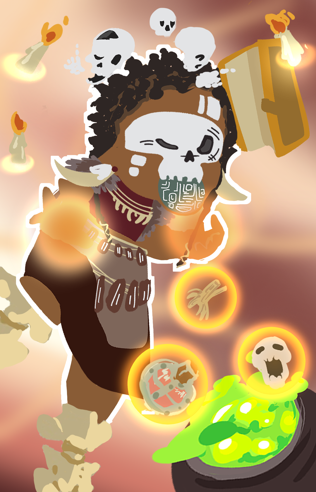 A cartoon character with dark skin, dreadlocked hair, and a skull face paint, dressed in tribal attire, surrounded by floating skulls, candles, and mystical symbols, with a bubbling cauldron emitting green smoke and ghostly skull images.