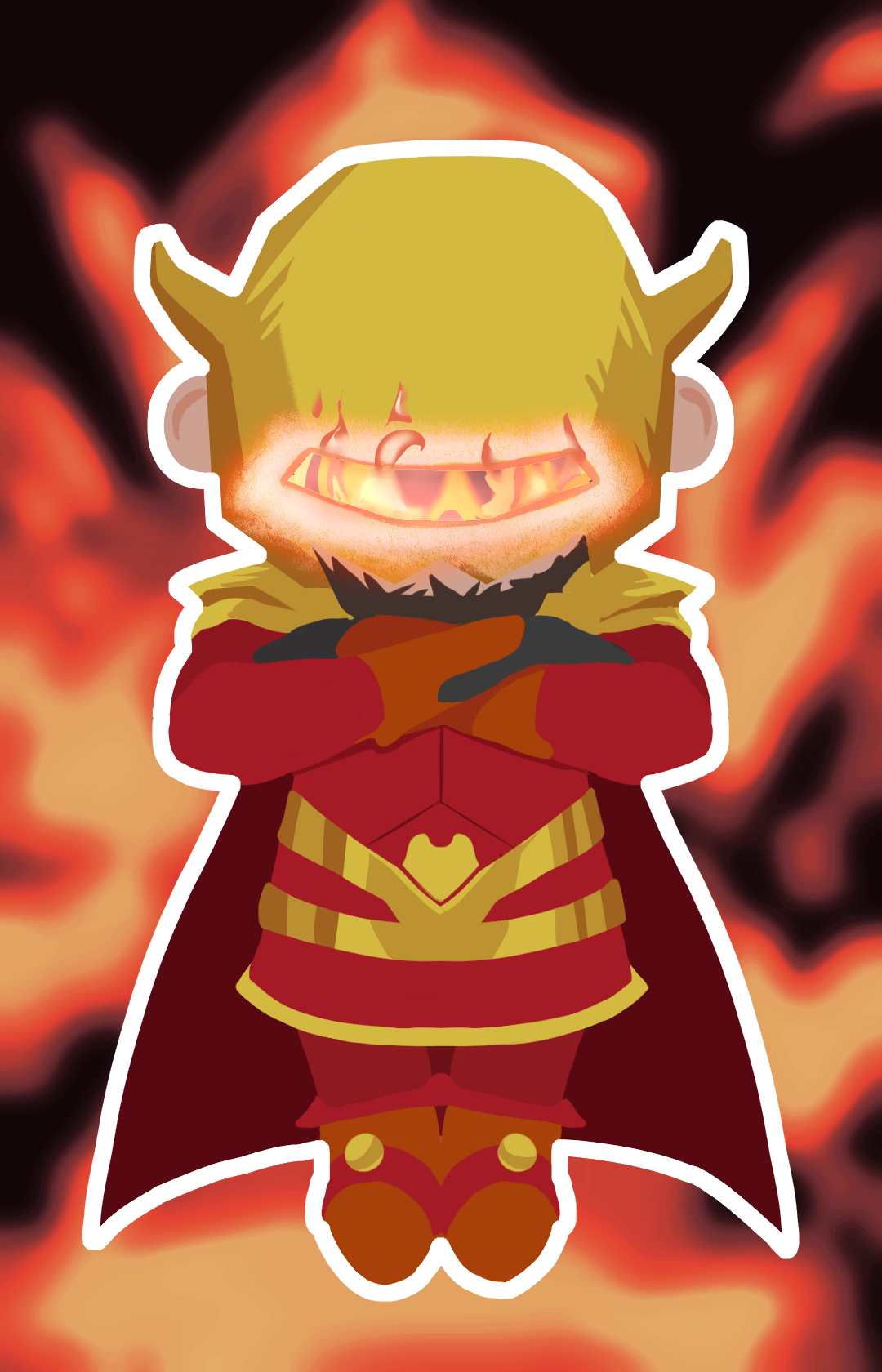Cartoon character with glowing fiery eyes, wearing a cape and armor, standing against a fiery background.