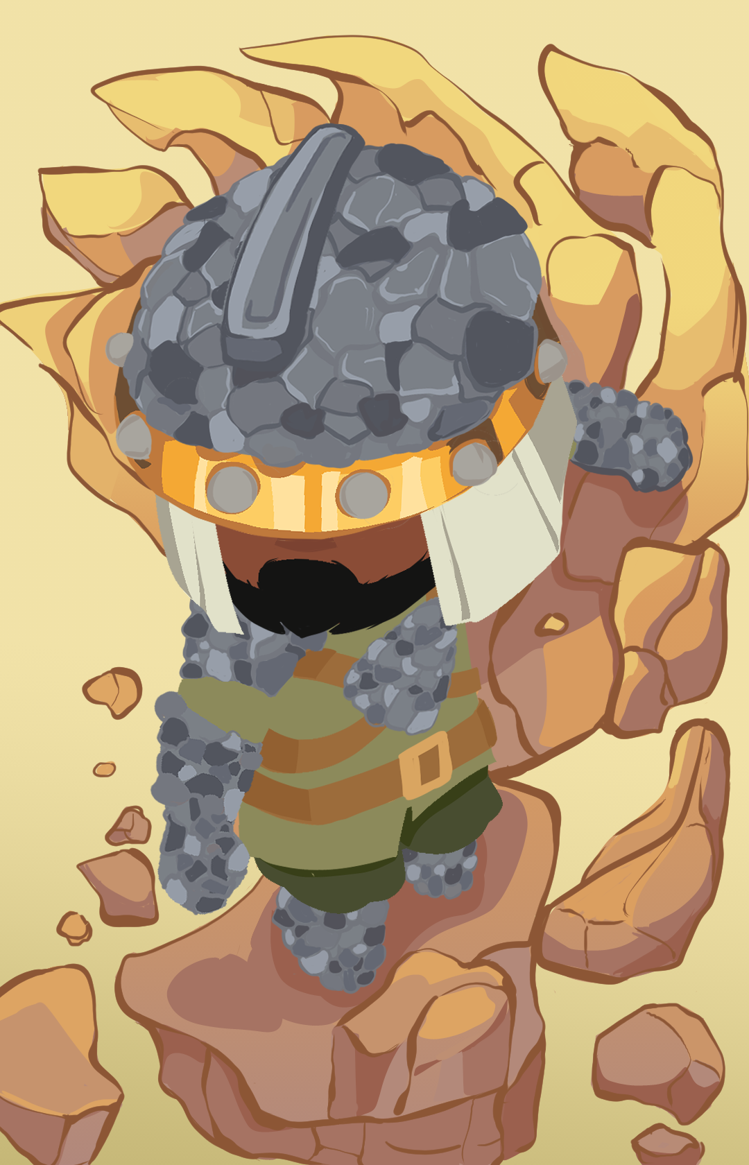 Cartoon character dressed as a rock climber with a stone helmet and gear, climbing on a rocky wall.