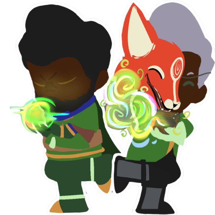 Two cartoon characters, one with dark skin and black hair, and the other with a fox-like face with orange and white fur, both wearing green outfits. They are conjuring colorful, swirling magical energy.