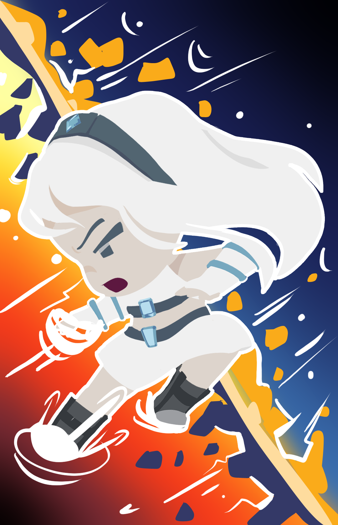 Cartoon character with white hair and space suit falling through space with debris and explosion behind, in a dramatic scene.