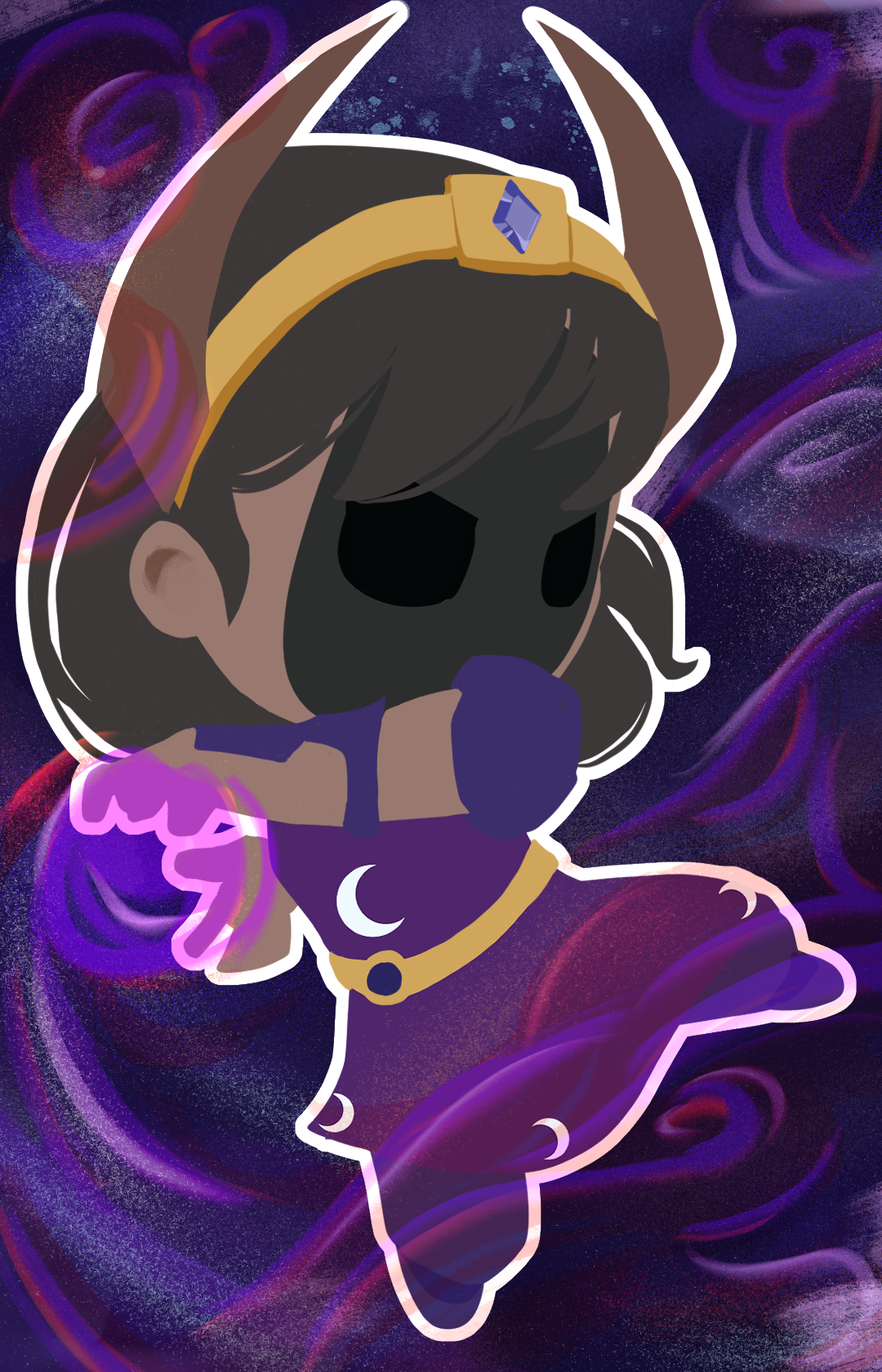 A cartoon-style character with a black skull face, wearing a purple dress with a crescent moon, a cape, and a yellow headband, floating among swirling purple and blue smoke or clouds.