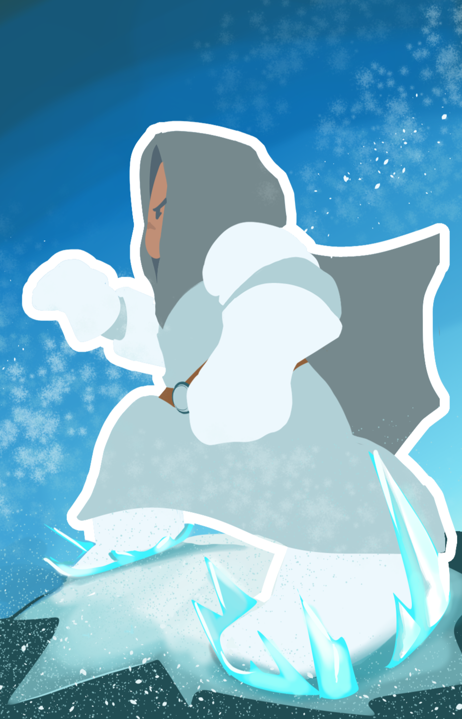 A stylized illustration of a person in winter clothing, standing on an icy surface with blue lightning effects, against a snowy sky background.