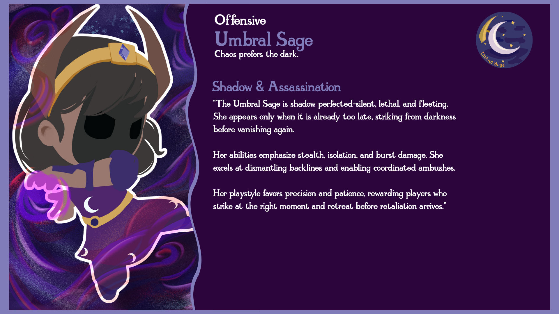 A digital illustration of Offense Umbral Sage with dark, shadowy features, wearing a purple outfit with moon motifs, adorned with a gold and blue headband, set against a swirling purple and blue background with mystical elements, accompanied by descriptive text about her abilities and traits.