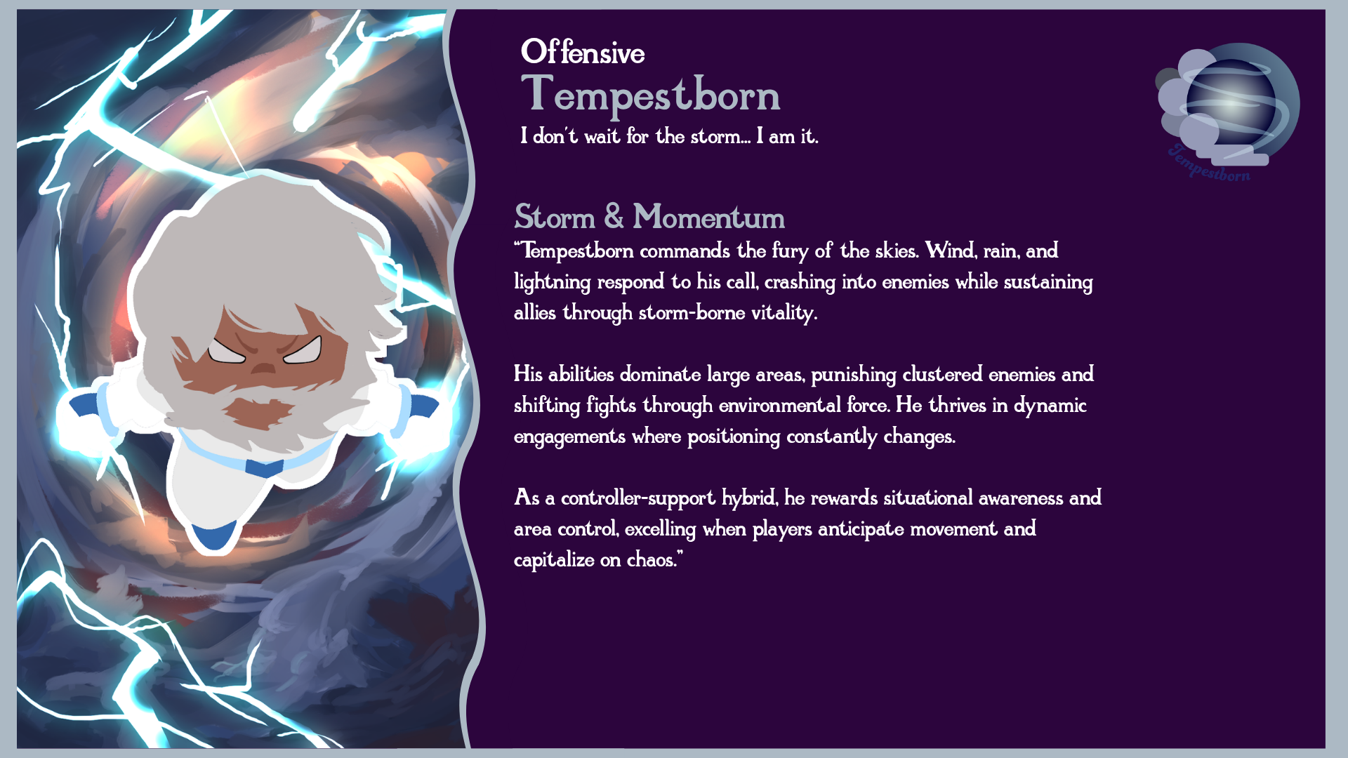 Illustration of a cartoon character with white hair and beard, surrounded by storm clouds and lightning, representing the character Tempestborn from a game or story. The background features storm elements and lightning, with accompanying descriptive text about Tempestborn's abilities and traits.