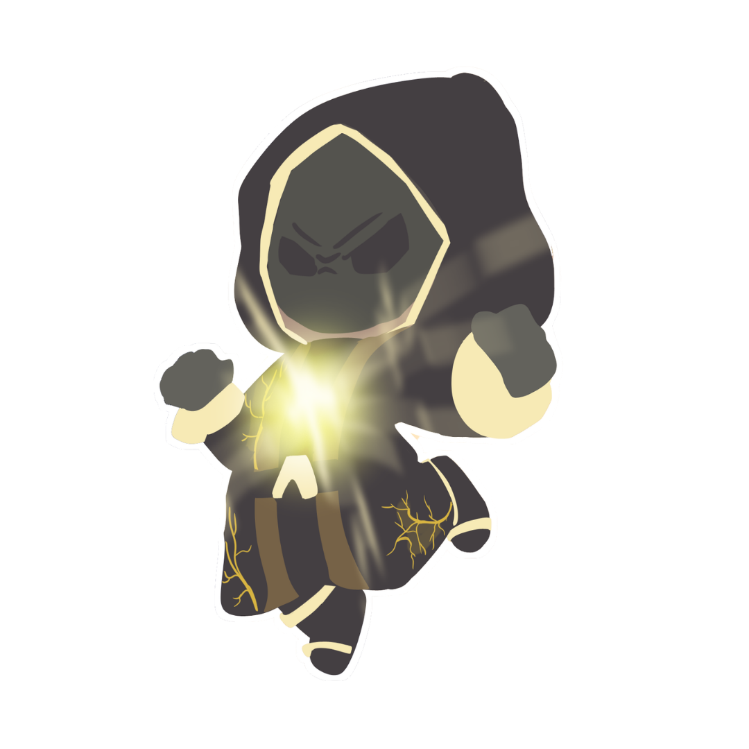 Cartoon character wearing a hooded cloak with a dark face mask, glowing yellow chest, dark pants, and boots, with lightning bolts on the clothing.