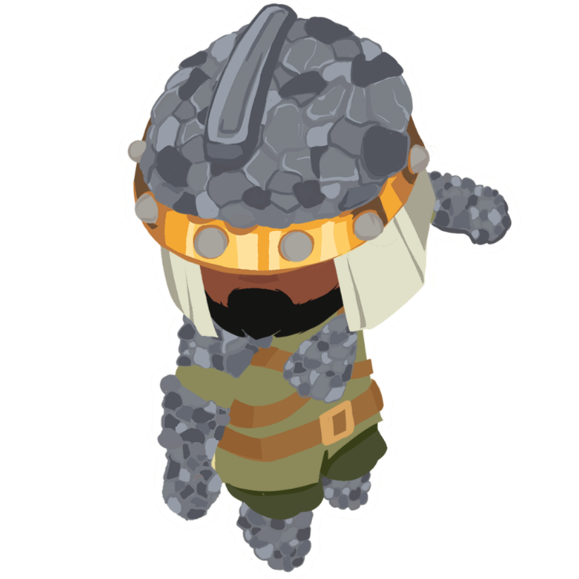 Cartoon character wearing a large rock helmet with a pickaxe, camouflaged clothing, and a beard.
