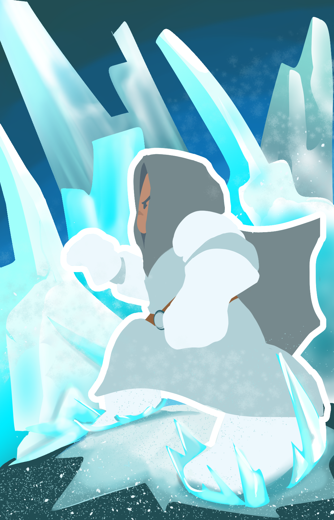 A person with gray hair and beard, dressed in heavy winter clothing, stands amidst large ice formations and frozen landscape.
