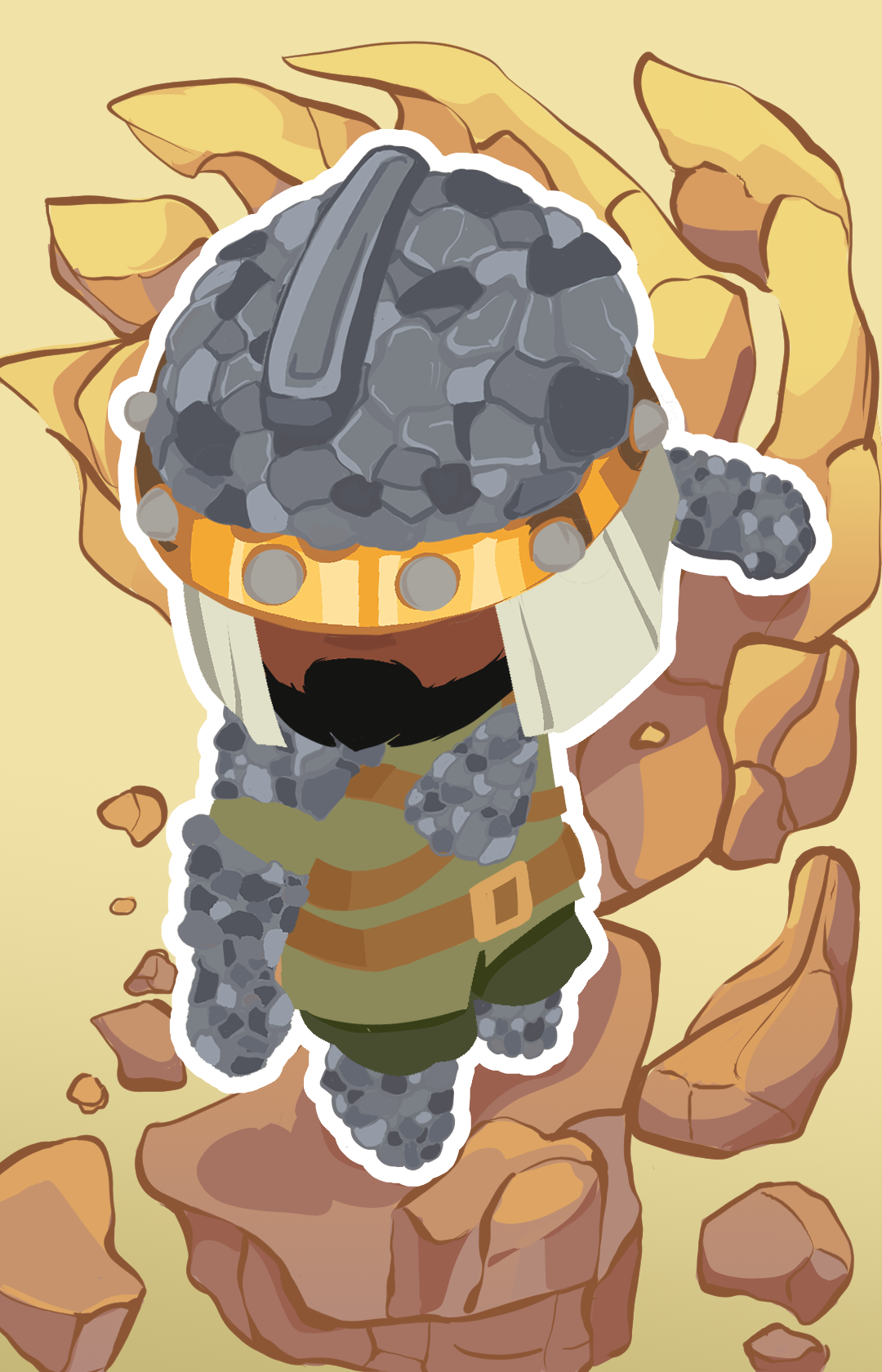 Cartoon character of a miner wearing a miner's helmet with a headlamp, surrounded by rocks and rubble, over a beige background.