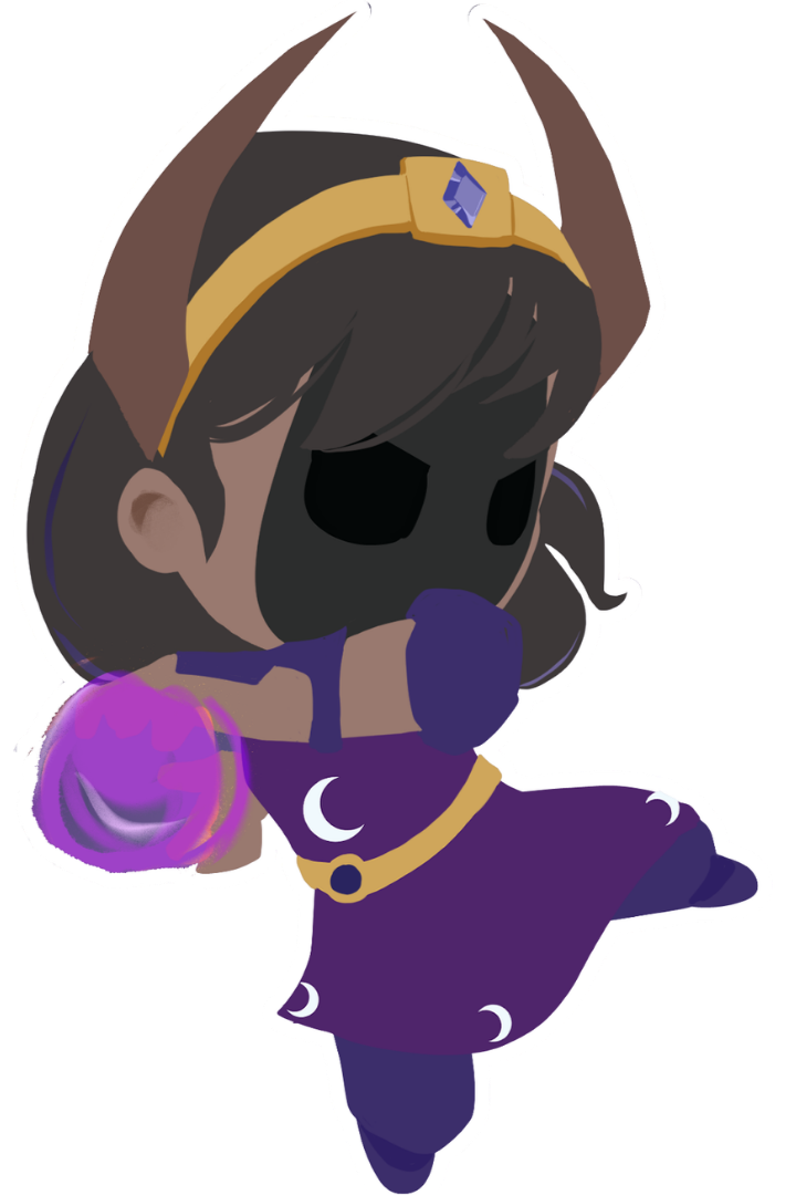 Cartoon character dressed as a witch with dark skin, wearing a purple dress with moon patterns, a gold headband with a purple gemstone, a black hood, and a purple magical orb in one hand.