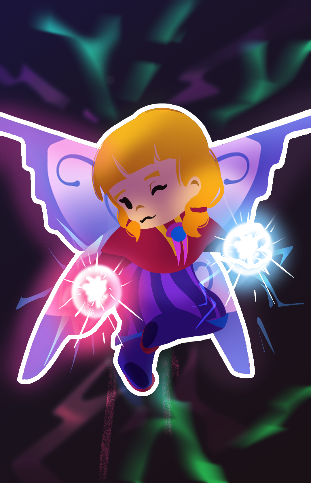 Anime-style illustration of a girl with short, orange hair and fairy wings, smiling with closed eyes, holding glowing orbs of pink and blue energy in her hands, against a dark, colorful, abstract background.