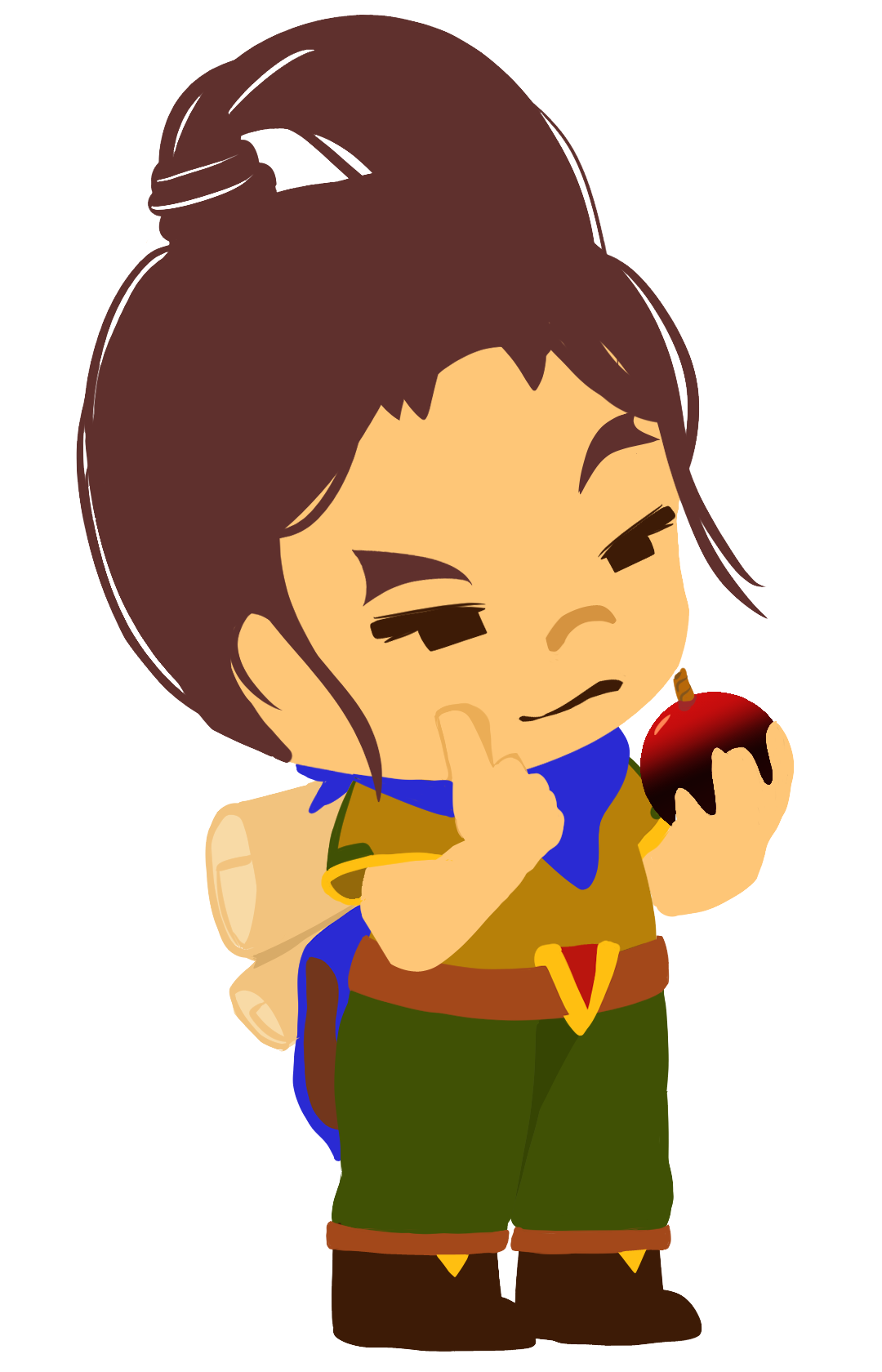 Illustration of a young boy with brown hair and a bun, wearing a brown and green outfit with a blue scarf, holding an apple with a worried expression and touching his face.