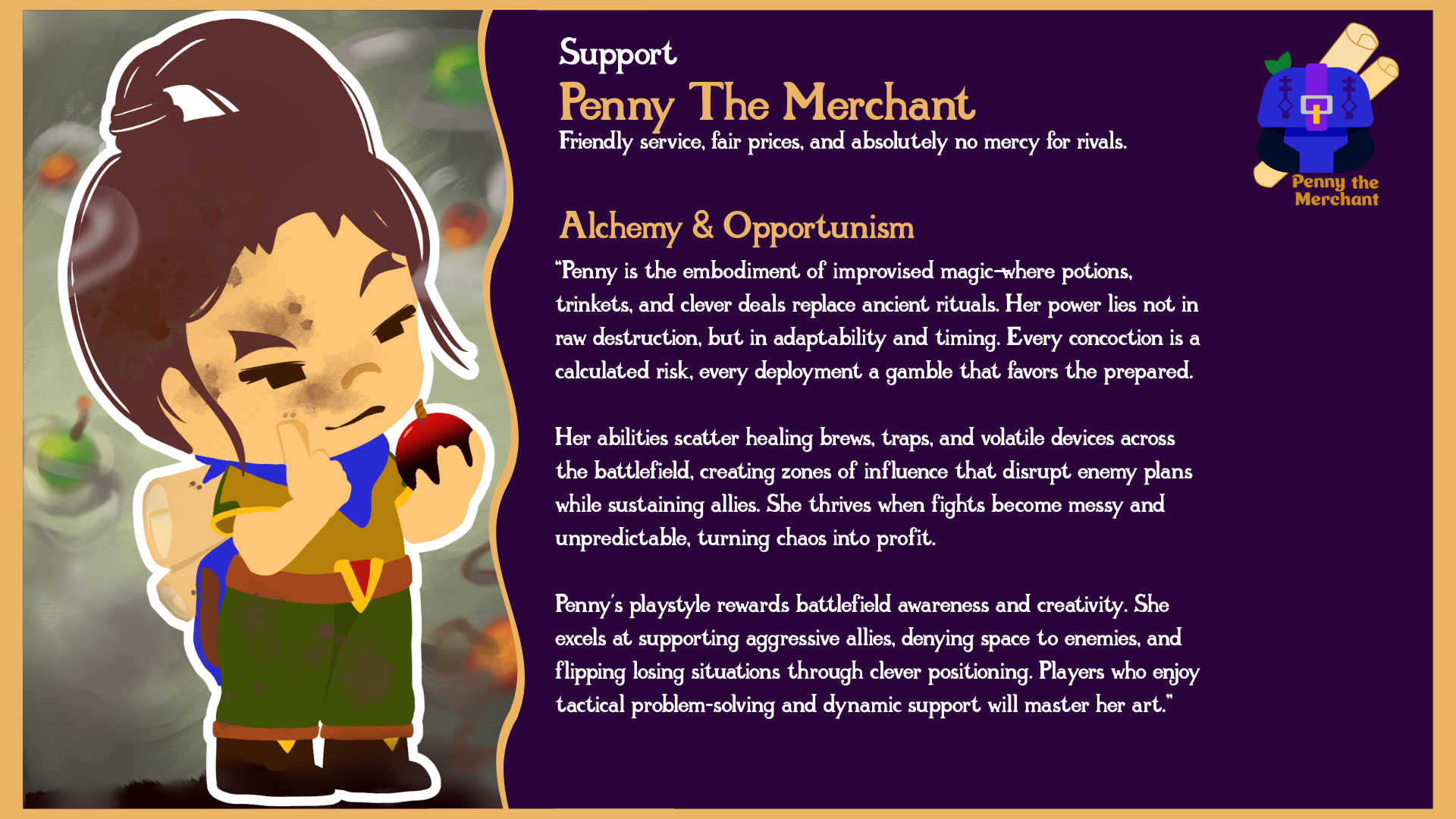 A stylized cartoon character of Penny the Merchant holding a red apple, with text describing her abilities and role in a game, alongside a smaller icon of her in a blue outfit holding scrolls.