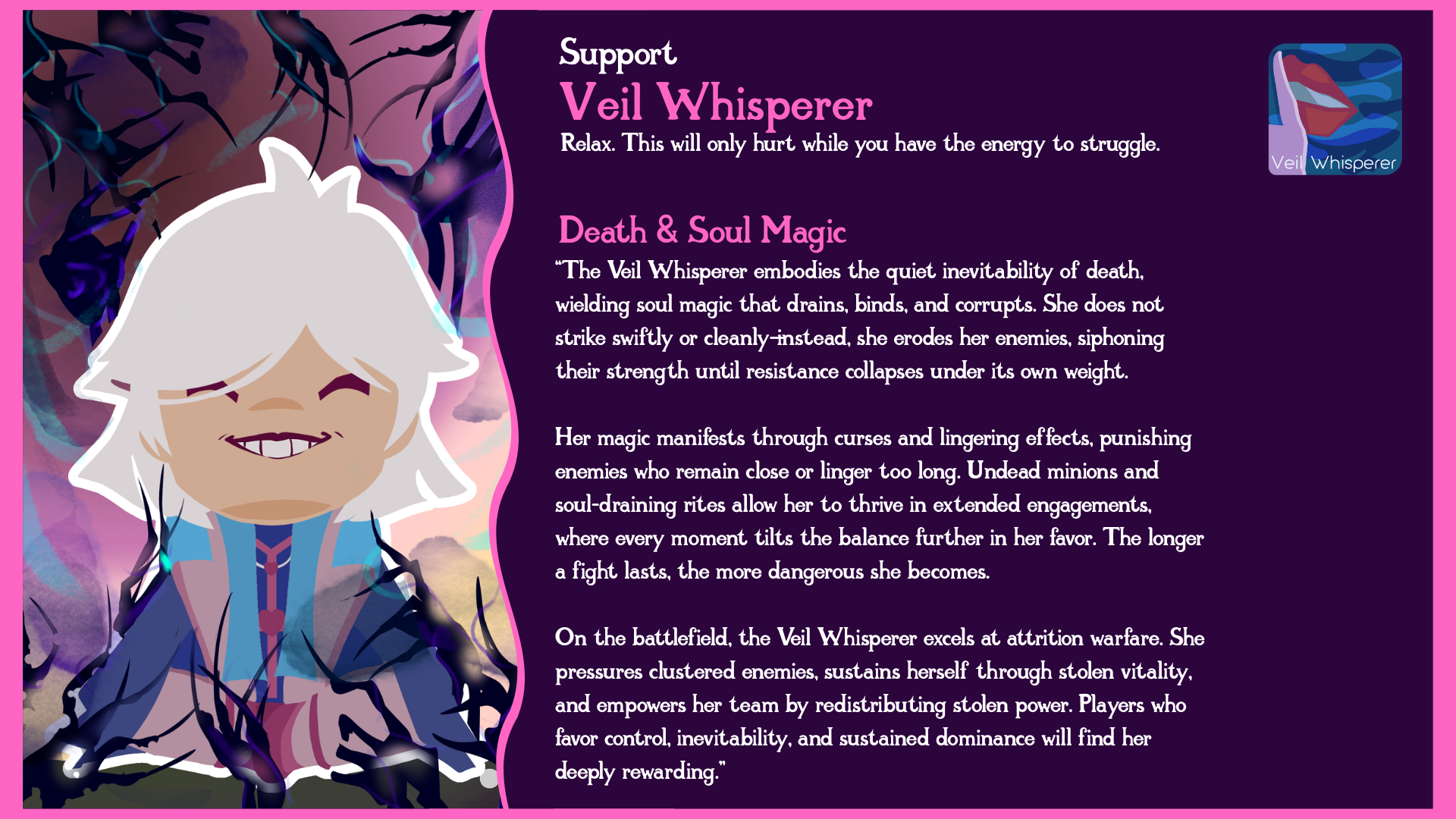 Illustration of Veil Whisperer, a character with white hair, a mischievous smile, and vampire-like teeth, surrounded by dark, swirling energy. Accompanying text describes her traits and powers, including support magic, death, soul magic, curses, and her role on the battlefield.