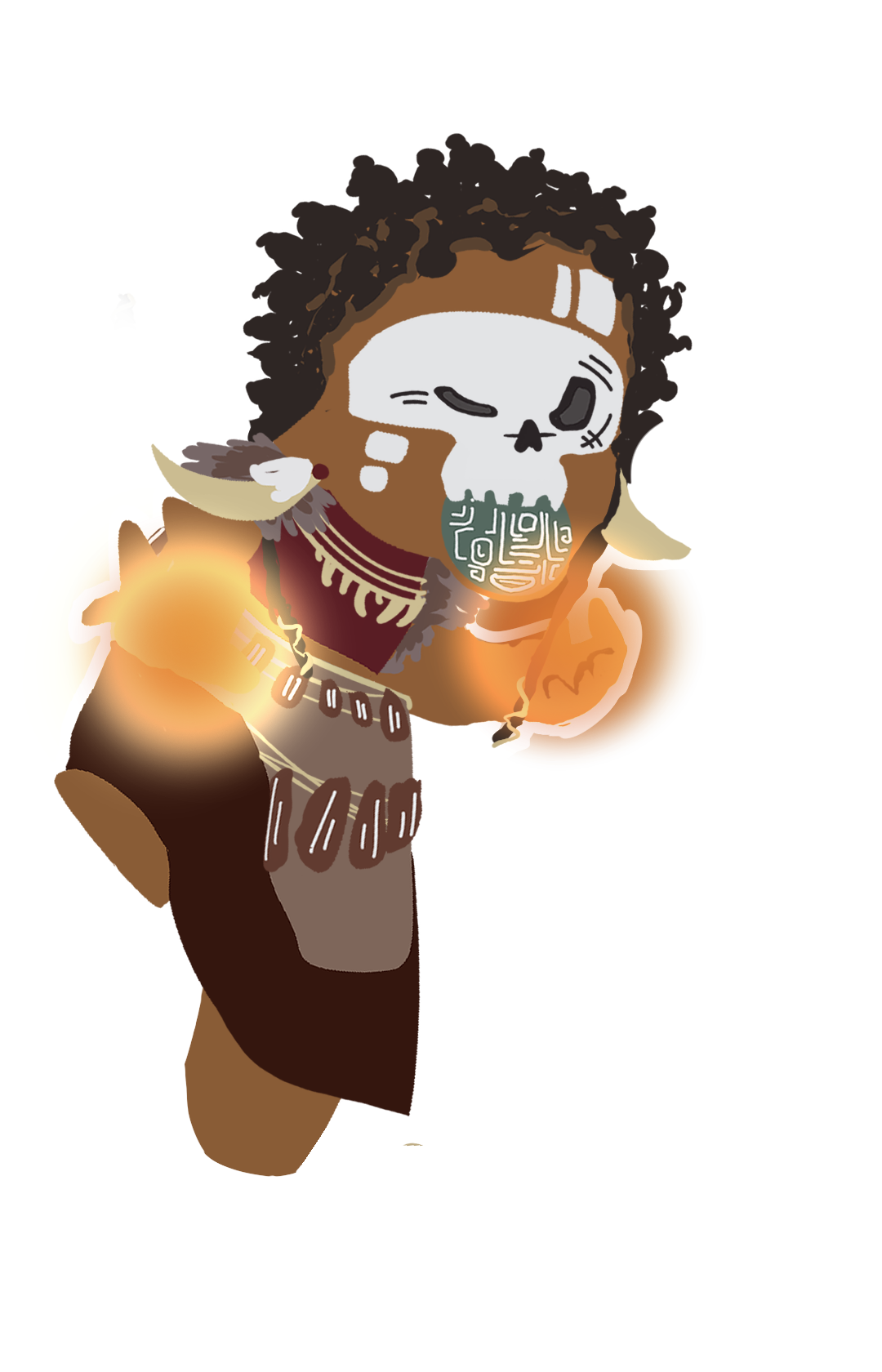 A stylized digital illustration of a character with a skull face mask, tribal accessories, and curly hair, holding glowing orange orbs in both hands.