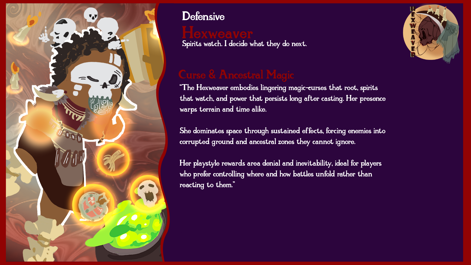 Digital illustration of a character named Hexweaver with a skull face, surrounded by floating skulls, bones, and magical symbols, set against an abstract, swirling background.