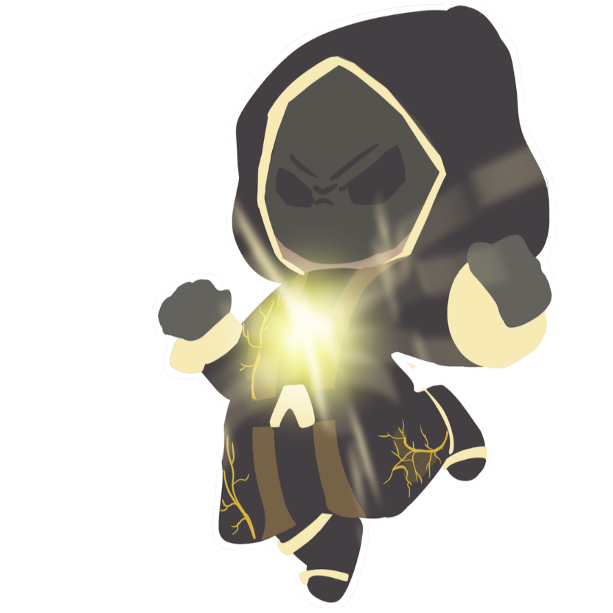 Cartoon character in a black hooded outfit with glowing chest and lightning effects, with an angry face and clenched fists.