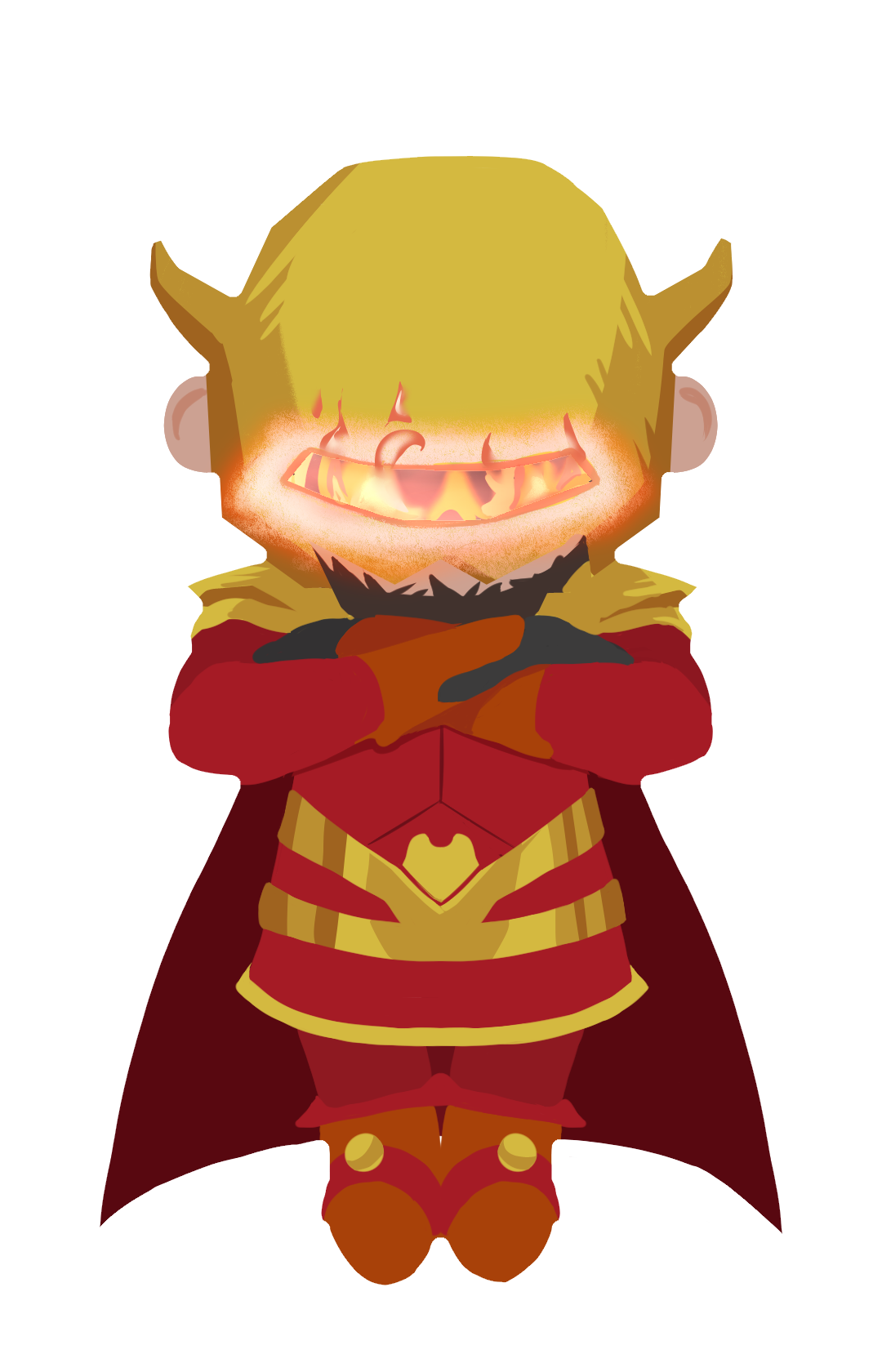 Cartoon character with a glowing flaming mouth, dressed as a superhero with a red and gold costume, red cape, and crossed arms.