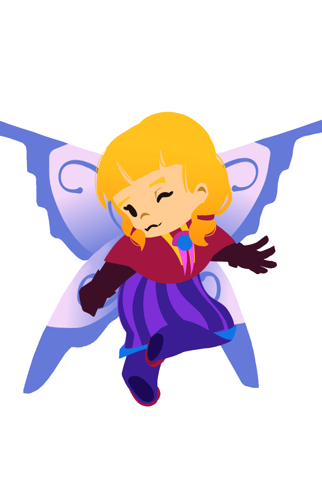 Animated fairy character with yellow hair, purple wings, and a purple striped dress, flying near a white desk with blue books.