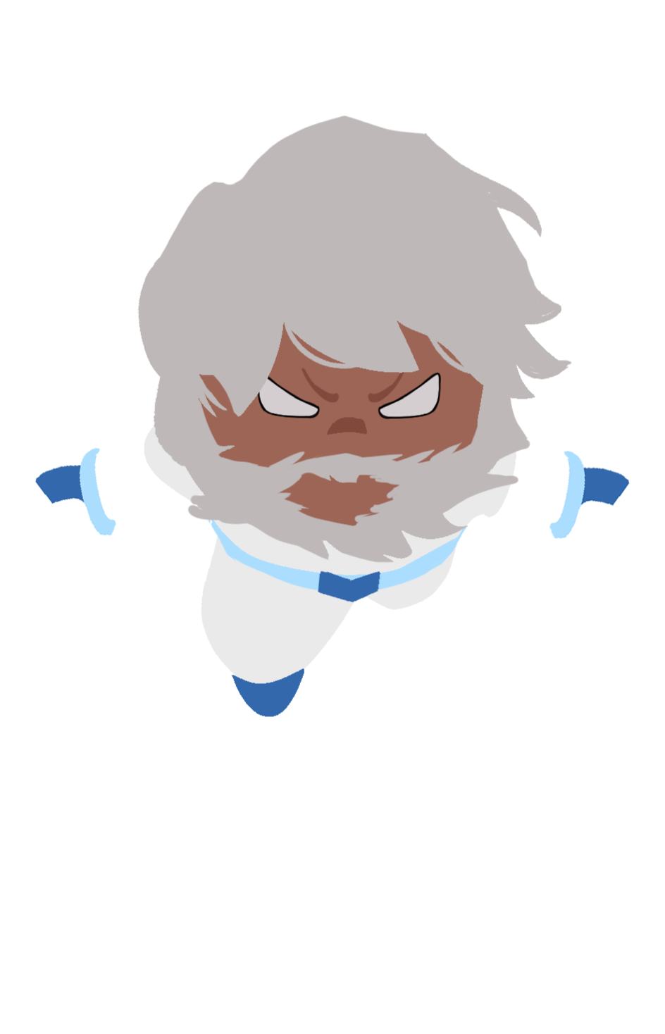 Cartoon of an angry, gray-haired person with a beard, dressed in white and blue, depicted from a top-down view.