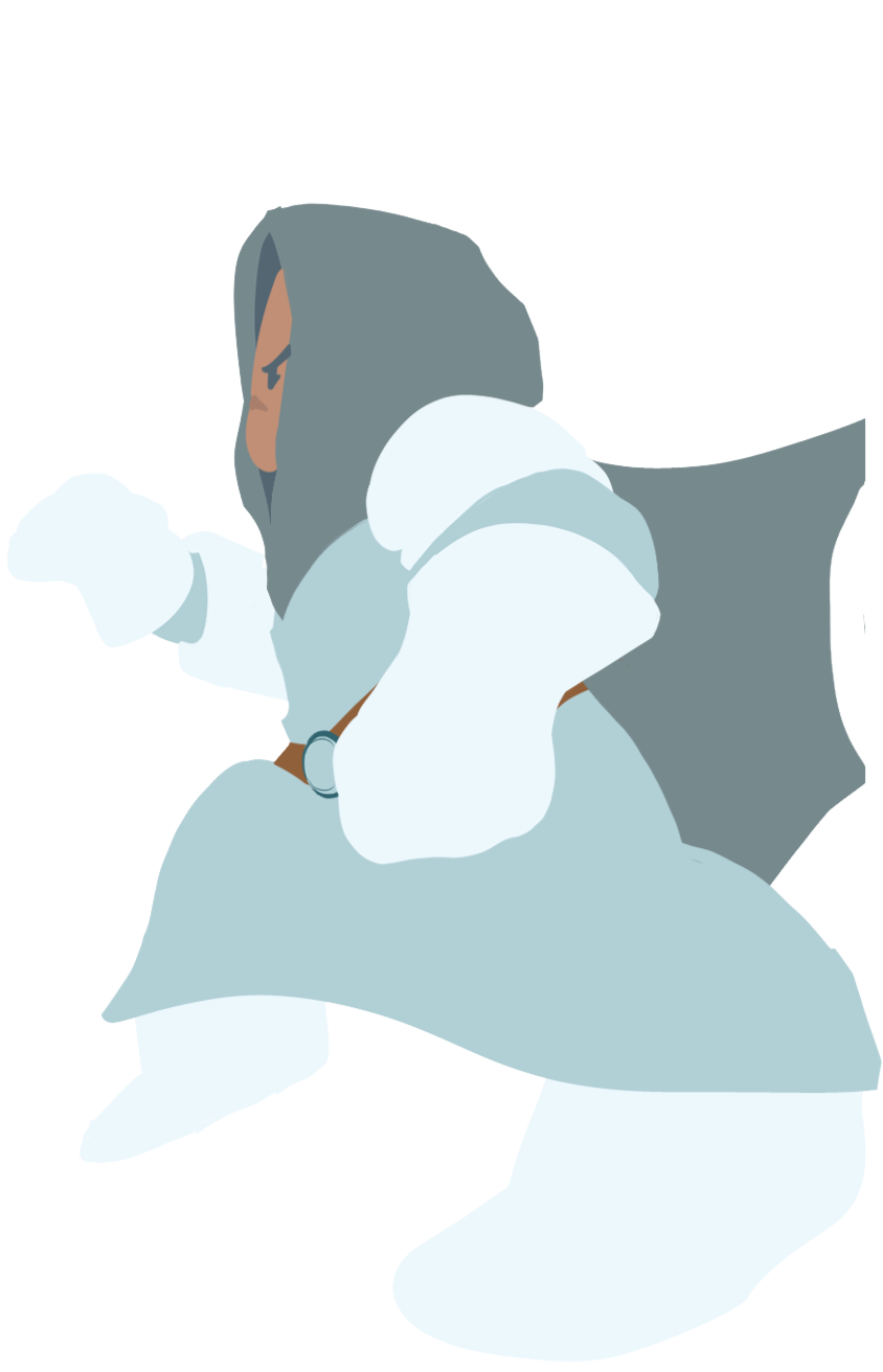 Cartoon of a person with long hair wearing winter clothing, sitting or crouching in a snowy environment.