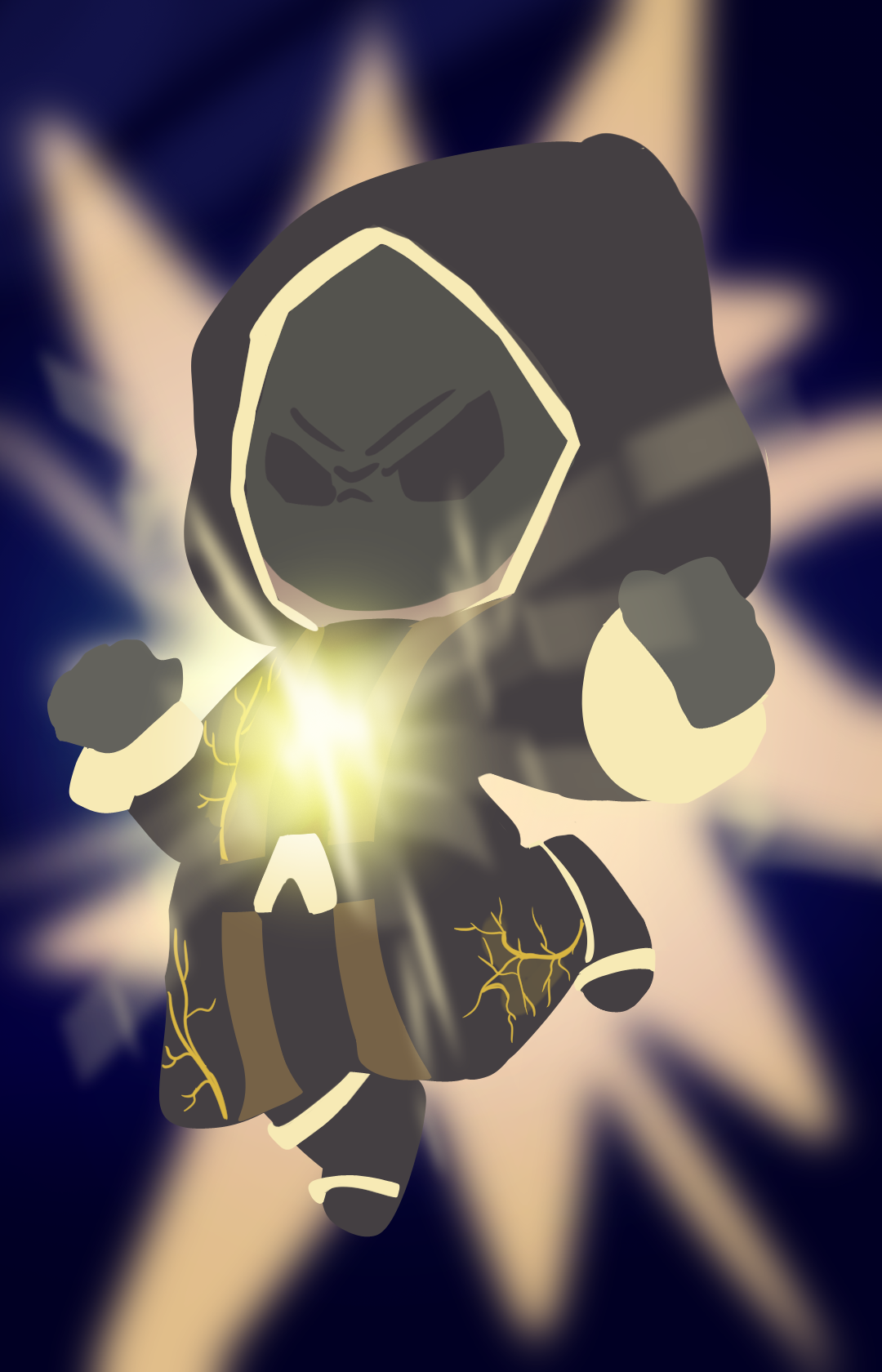 A cartoon character in a black hooded cloak with a skull face, floating in front of a Union Jack flag, with yellow lightning bolts on its clothing and a glowing yellow light at its chest.