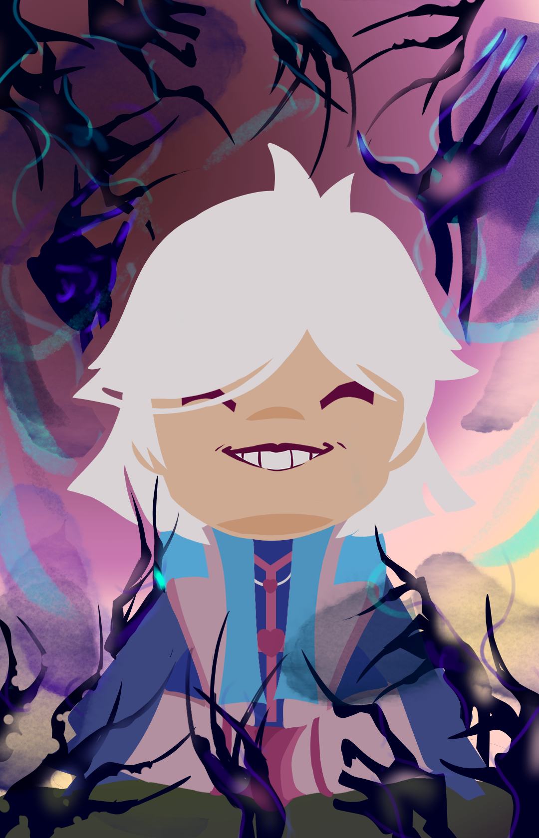 Cartoon character with white hair, smiling with closed eyes, wearing a blue and purple outfit, surrounded by dark, glowing, thorn-like vines and an abstract, colorful background.