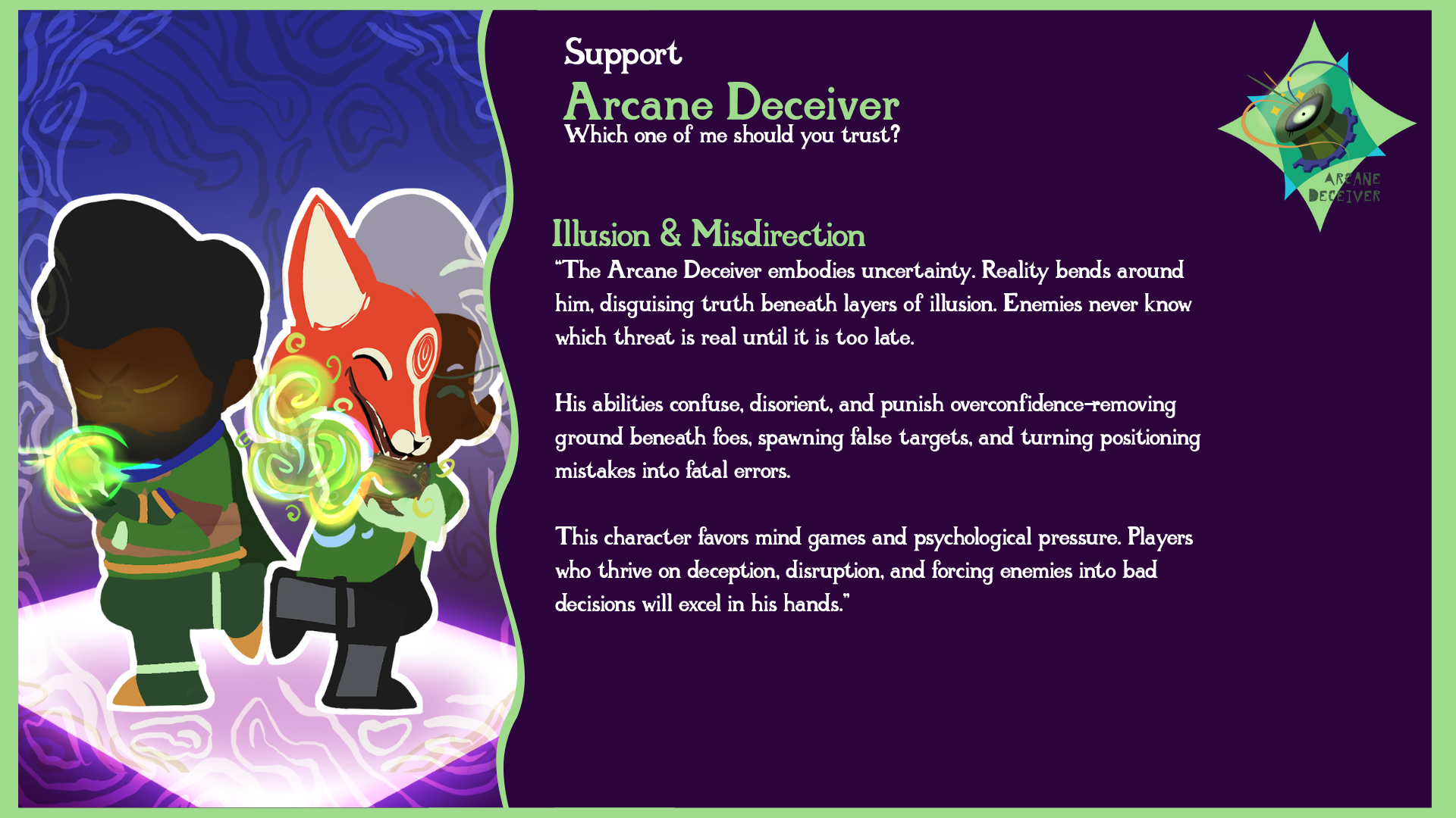 A digital illustration promoting support for the Arcane Deceiver character, showing two characters with mystical green energy swirling around their hands, against a purple and teal background. The image includes a text description explaining the character's abilities and traits.