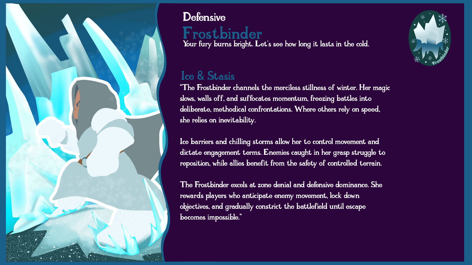 A character in a light gray cloak surrounded by ice and snow, with a backdrop of icy structures, representing the 'Frostbinder' from a game or story. The right side contains descriptive text about the character's abilities and traits in a dark purple background.