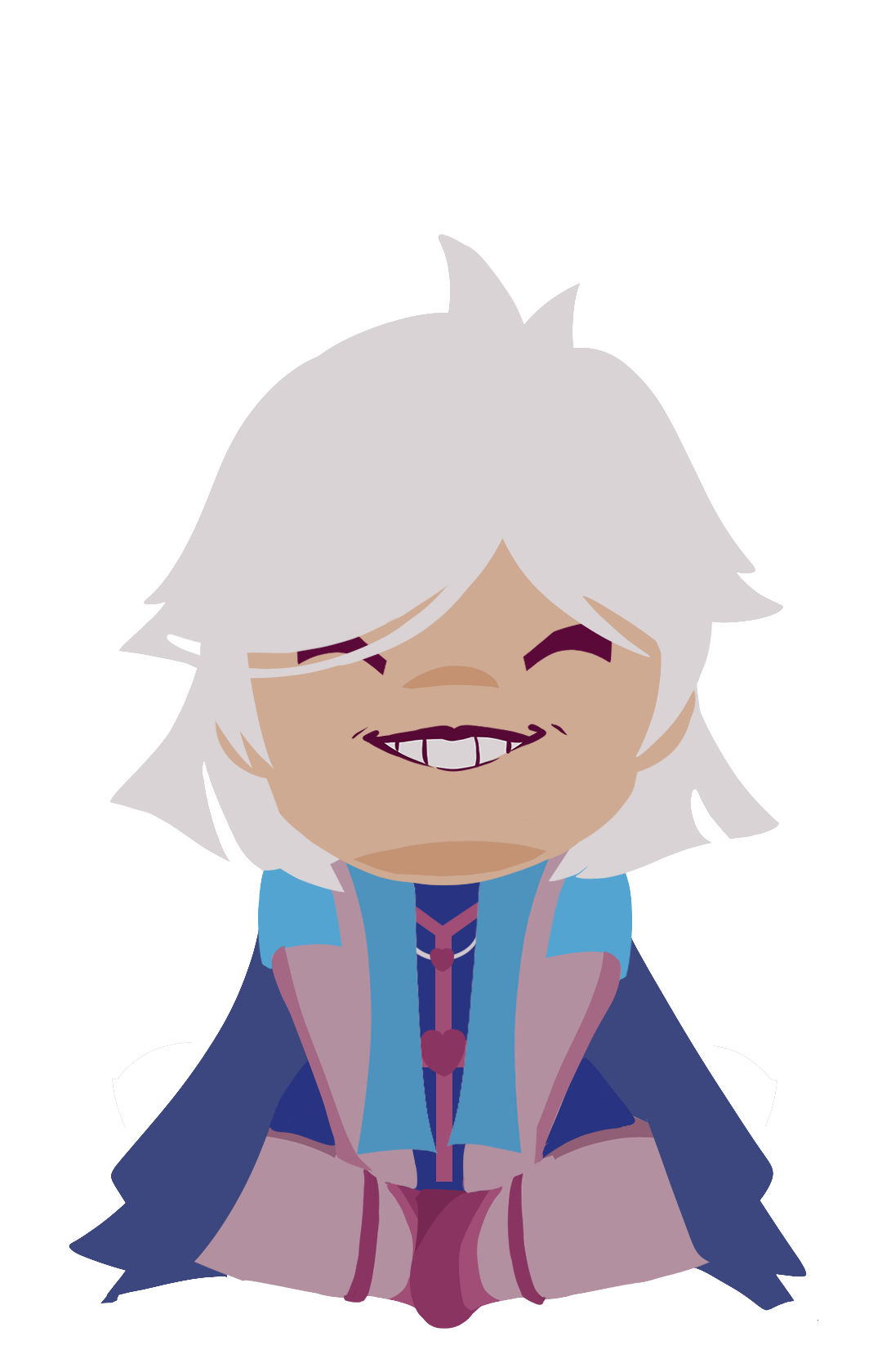 Cartoon character with messy white hair, wearing a colorful outfit, smiling with visible teeth.