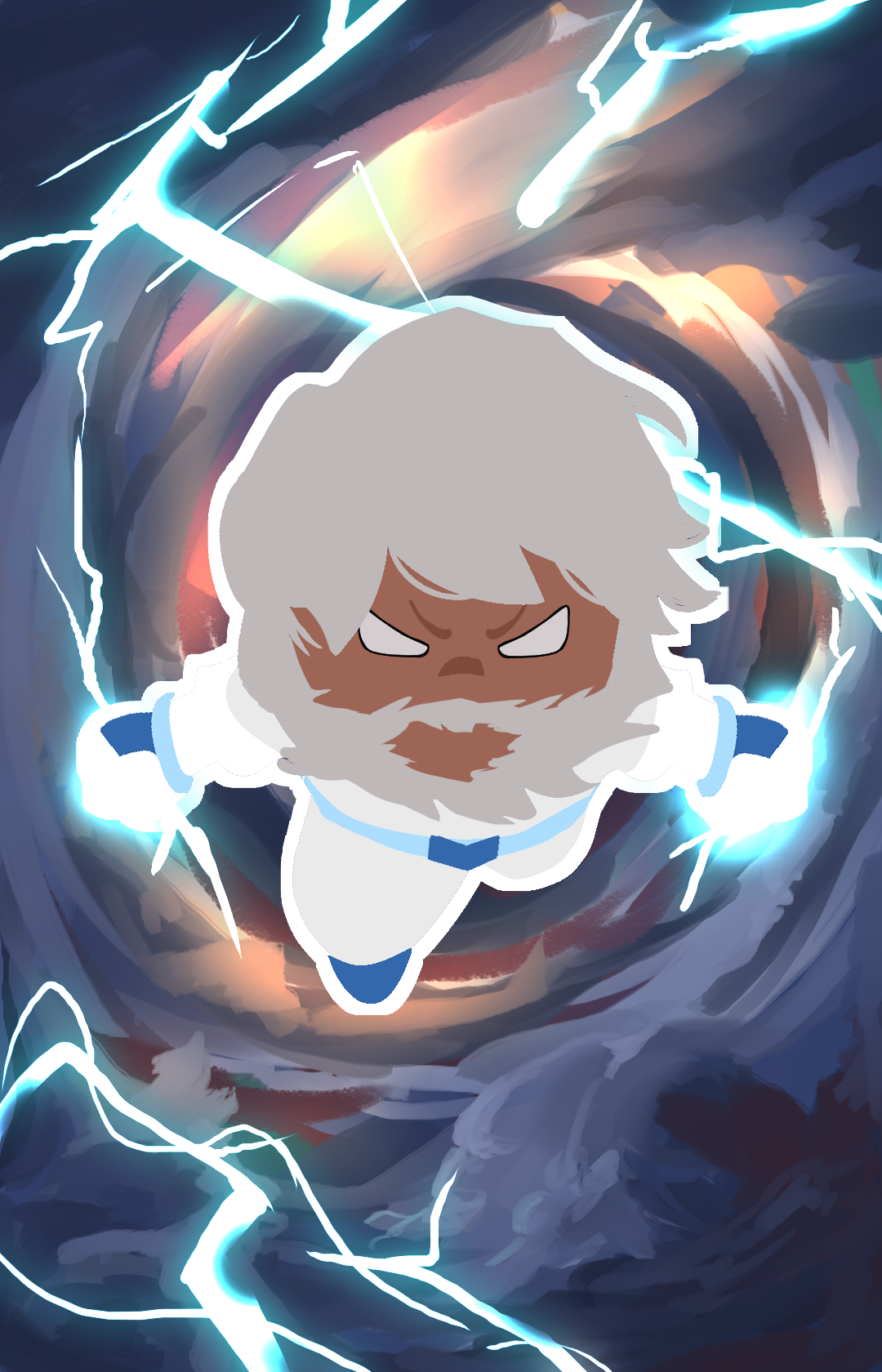 A cartoon astronaut with white hair, beard, and angry expression flying through a stormy sky with lightning bolts and clouds.