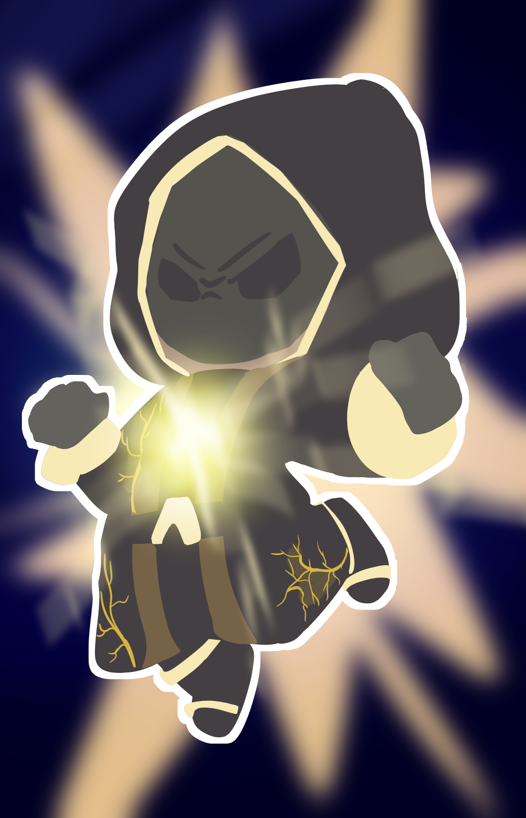 A cartoon-style character dressed as a villain with a dark cloak and hood, glowing yellow light emanates from their chest, set against a blurred background with star shapes.