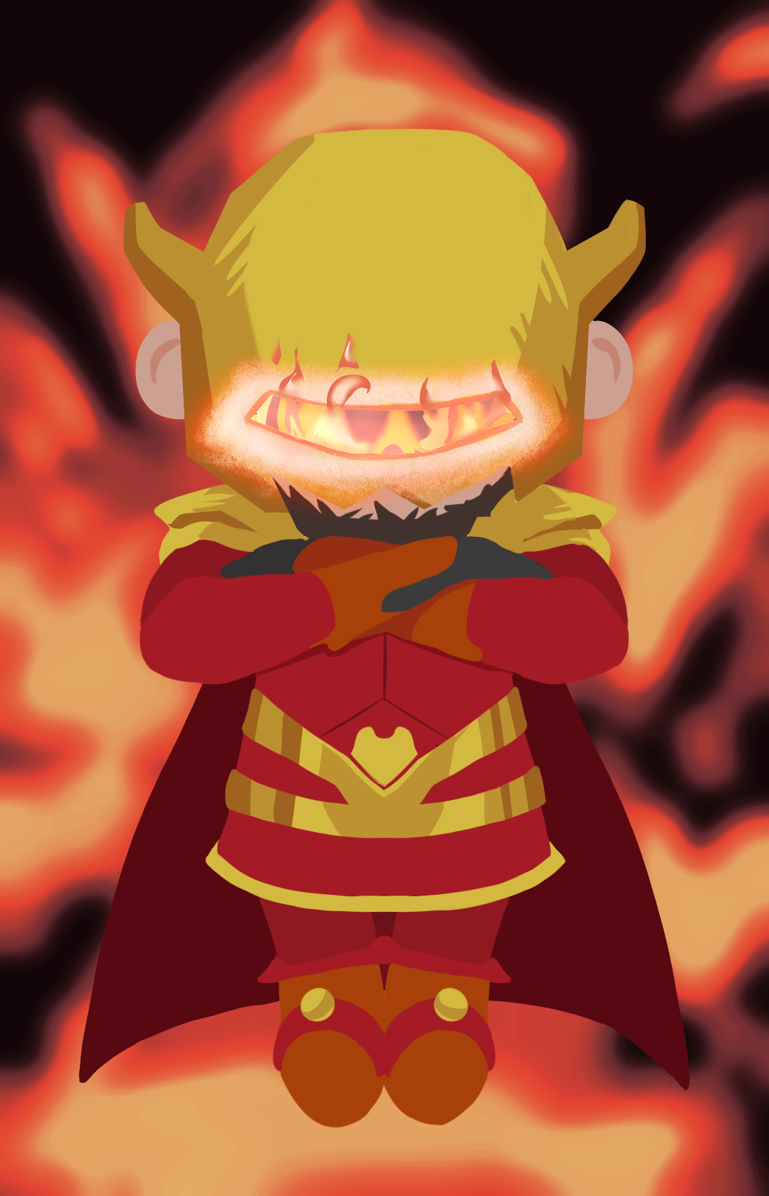 Cartoon character of a villain with yellow hair, devil horns, and flaming eyes, dressed in red and gold armor, standing in front of fiery background.