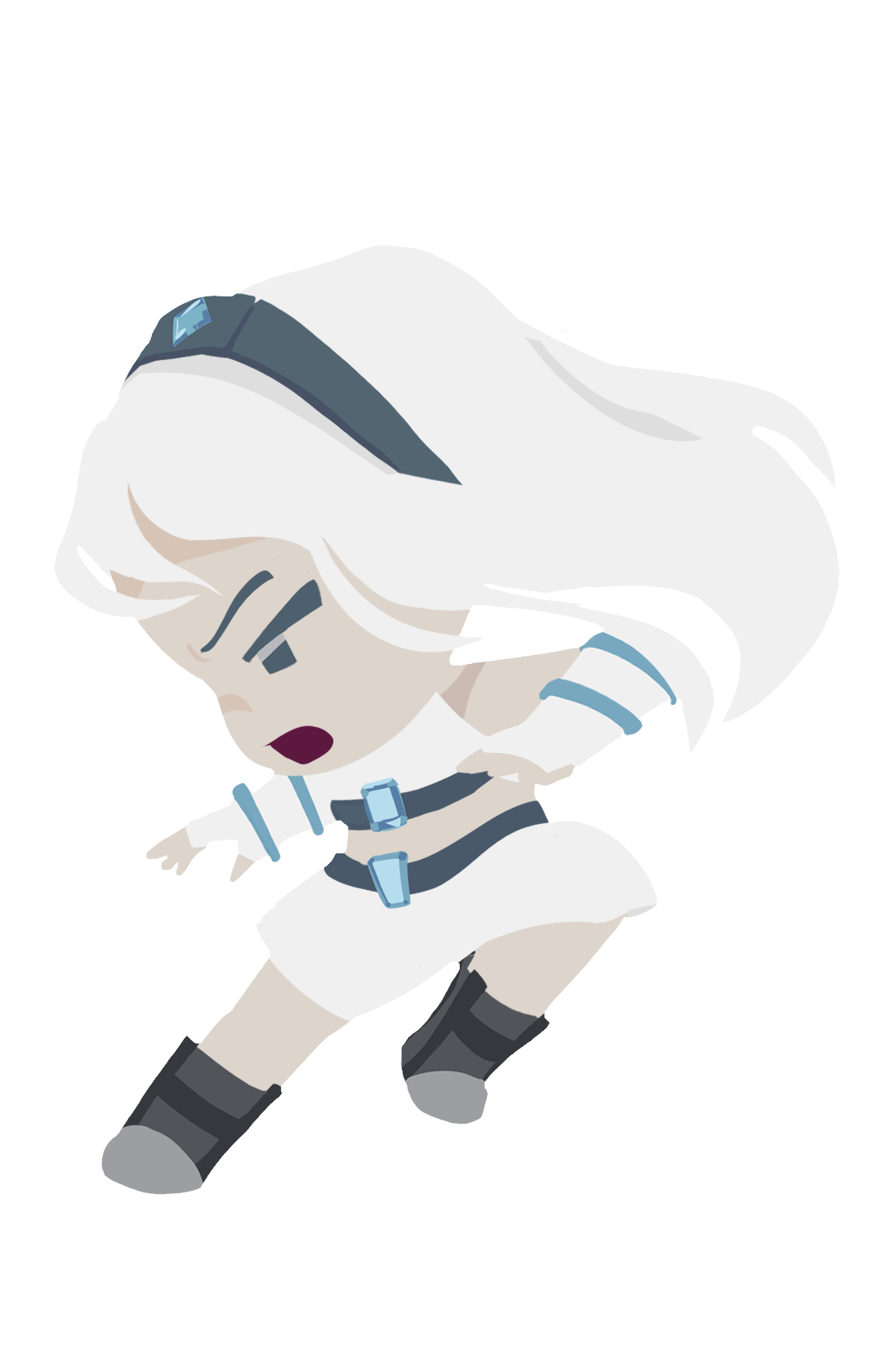 Chibi-style character with long white hair, wearing futuristic white and black armor, standing on a beige platform, with a determined or shouting expression.