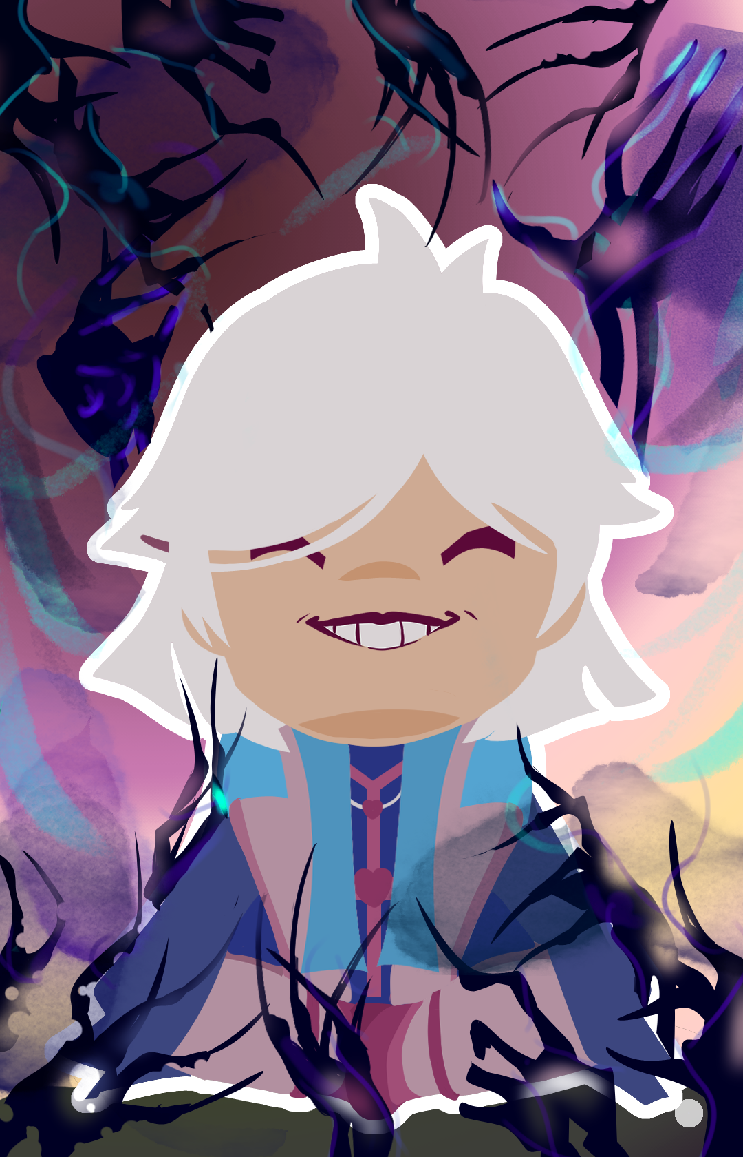 Cartoon character with white hair smiling, surrounded by dark tendrils and a colorful, abstract background.