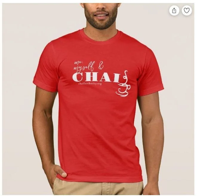 Red T-shirt with white text that says 'me, myself & CHAI' and a steaming cup of chai illustration.